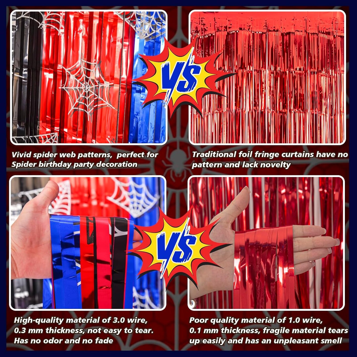 Spider Web Birthday Decorations, 2 Pack Spider Party Supplies 3.3x6.6ft Tinsel Foil Fringe Curtains, Red Black, and Blue Photo Booth Prop Backdrop Streamer, Birthday Decor, Party Decor for Boys