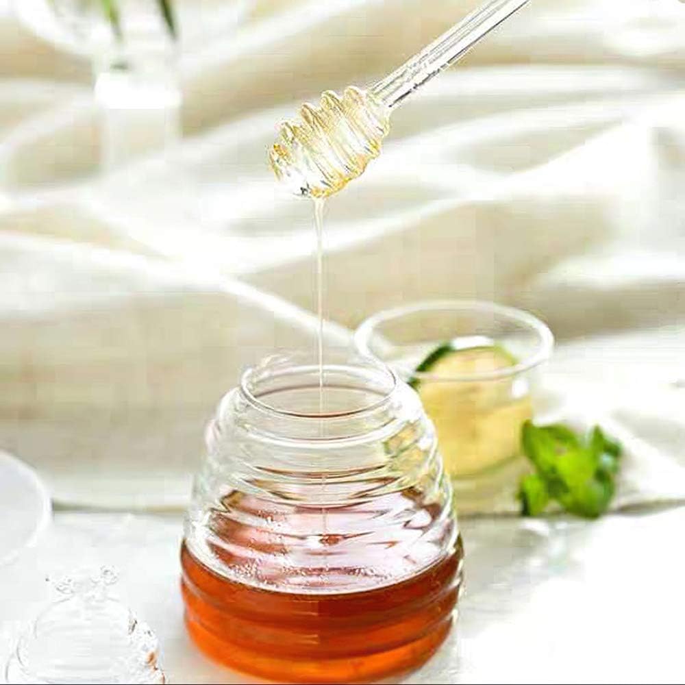 17oz Glass Honey Pot with Dipper & Lid – Beehive Design, Kitchen Friendly