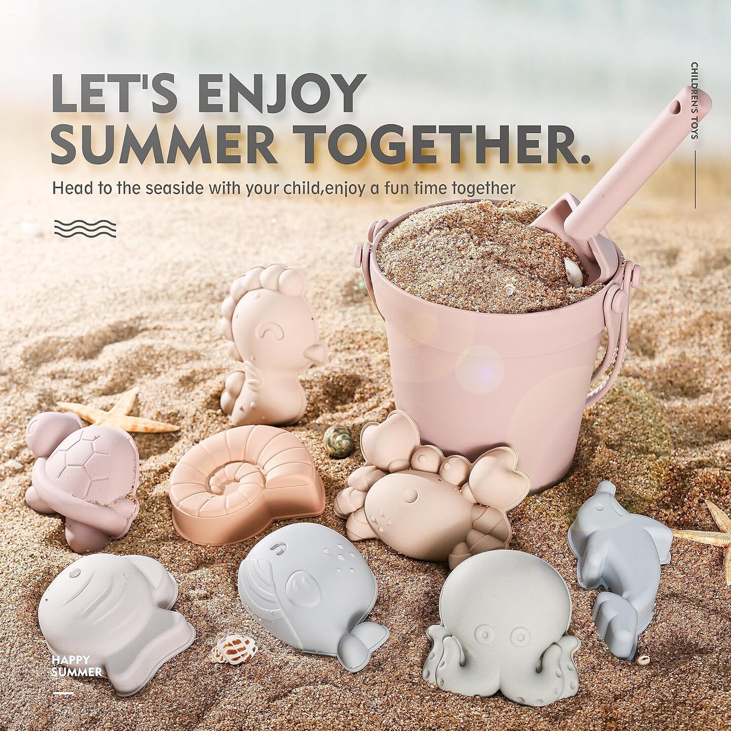 11Pcs Summer Silicone Beach Toys,Modern Baby Beach Toys,Travel Friendly Beach Set,Silicone Bucket, Shovel, 8 Sand Molds, Beach Bag,Silicone Sand Toys for Toddlers, Kids (Pink)