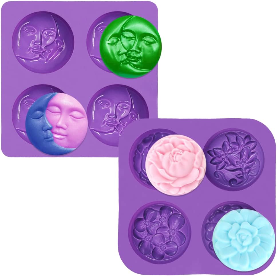 2 PCS Silicone Soap Molds, 4 Cavity Sun &#x26; Moon Face Molds and 4 Cavity Flower Shapes Molds, for DIY Soap