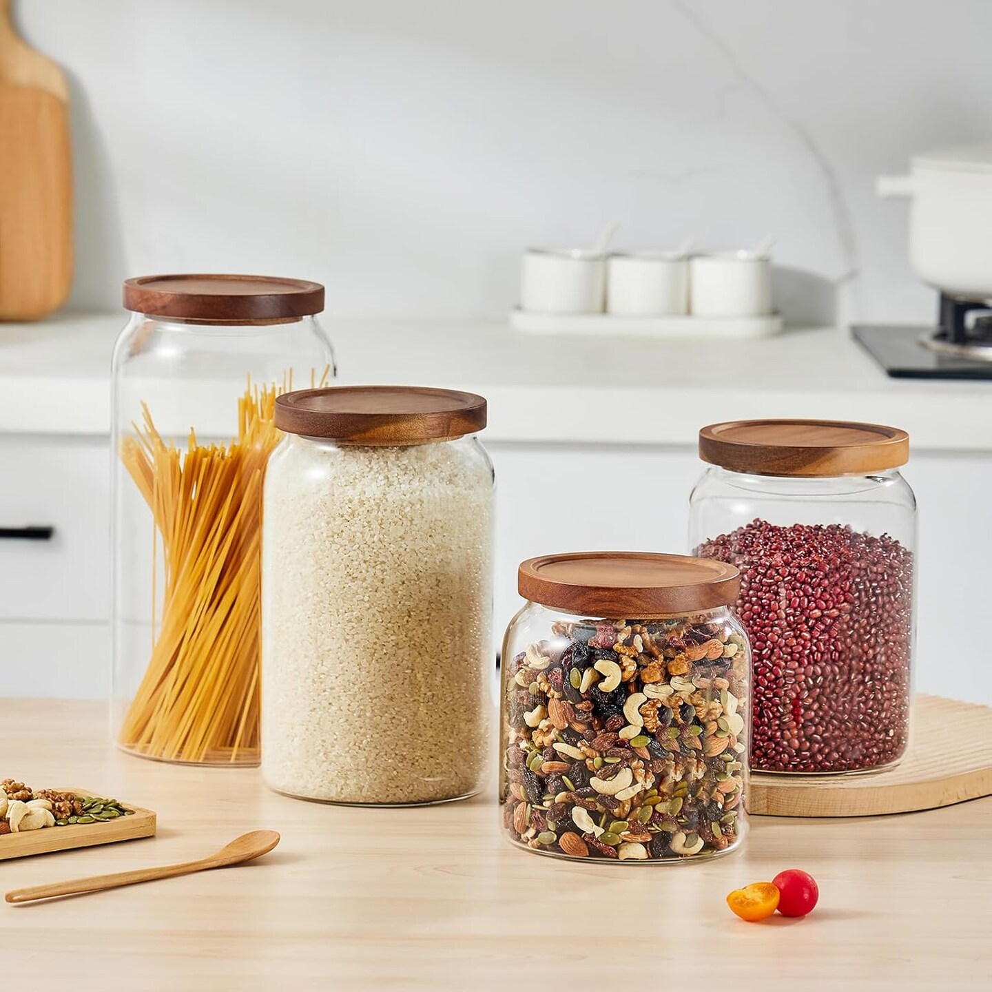 Large Glass Candy Jars with Wooden Lids, 1 Gallon Glass Jar with Lid, Sugar/Flour Storage Containers, Big Glass Canisters with Airtight Lid, 1 Pack, Hand Lid
