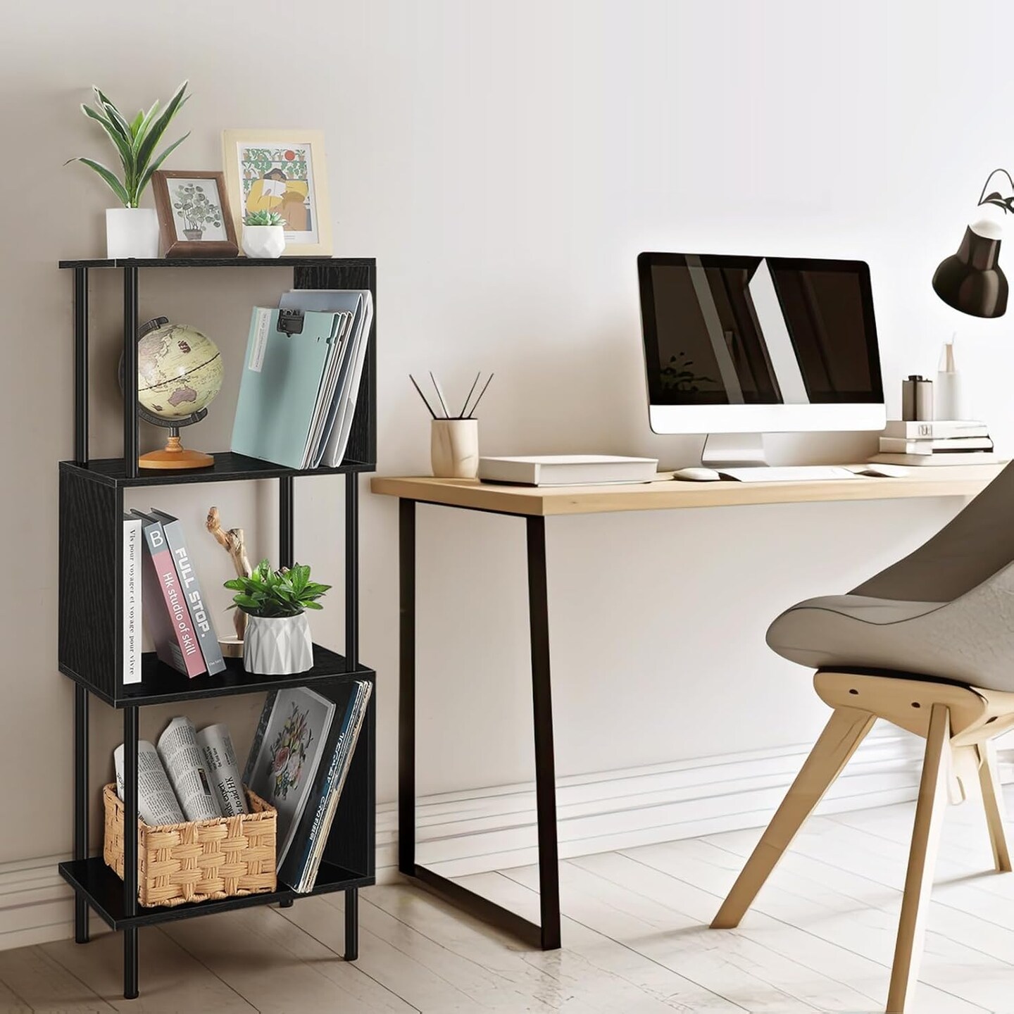 4-Tier S-Shaped Industrial Bookshelf – Rustic Freestanding Metal Frame & MDF Bookcase for Small Spaces, Living Room, Bedroom, Home Office – Easy Assembly, Anti-Tip Safety