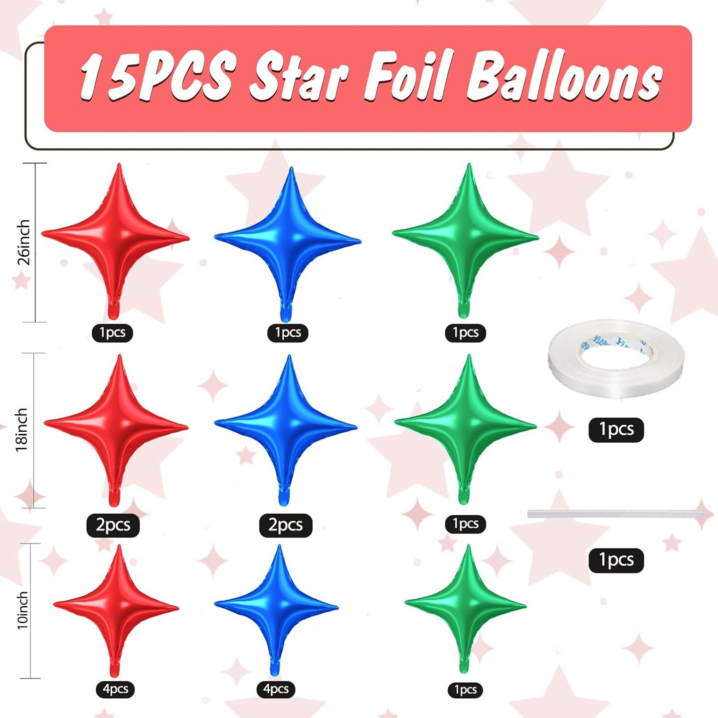 15PCS Red, Green & Blue Star Foil Balloon Set – 26/18/10 Inch Four-Point Star Helium Balloons for Christmas, Wedding, Birthday, Anniversary, and Baby Shower Party Decorations