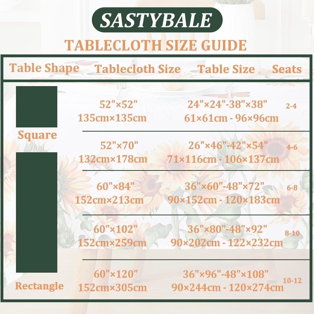 Sunflower Table Cloths 60 x 84 Inch Rectangle Summer Tablecloth, Water Proof Wipe Clean Dust-Proof White Polyester Fabric Table Cover for Fall Kitchen, Party, Picnic, Indoor, Outdoor