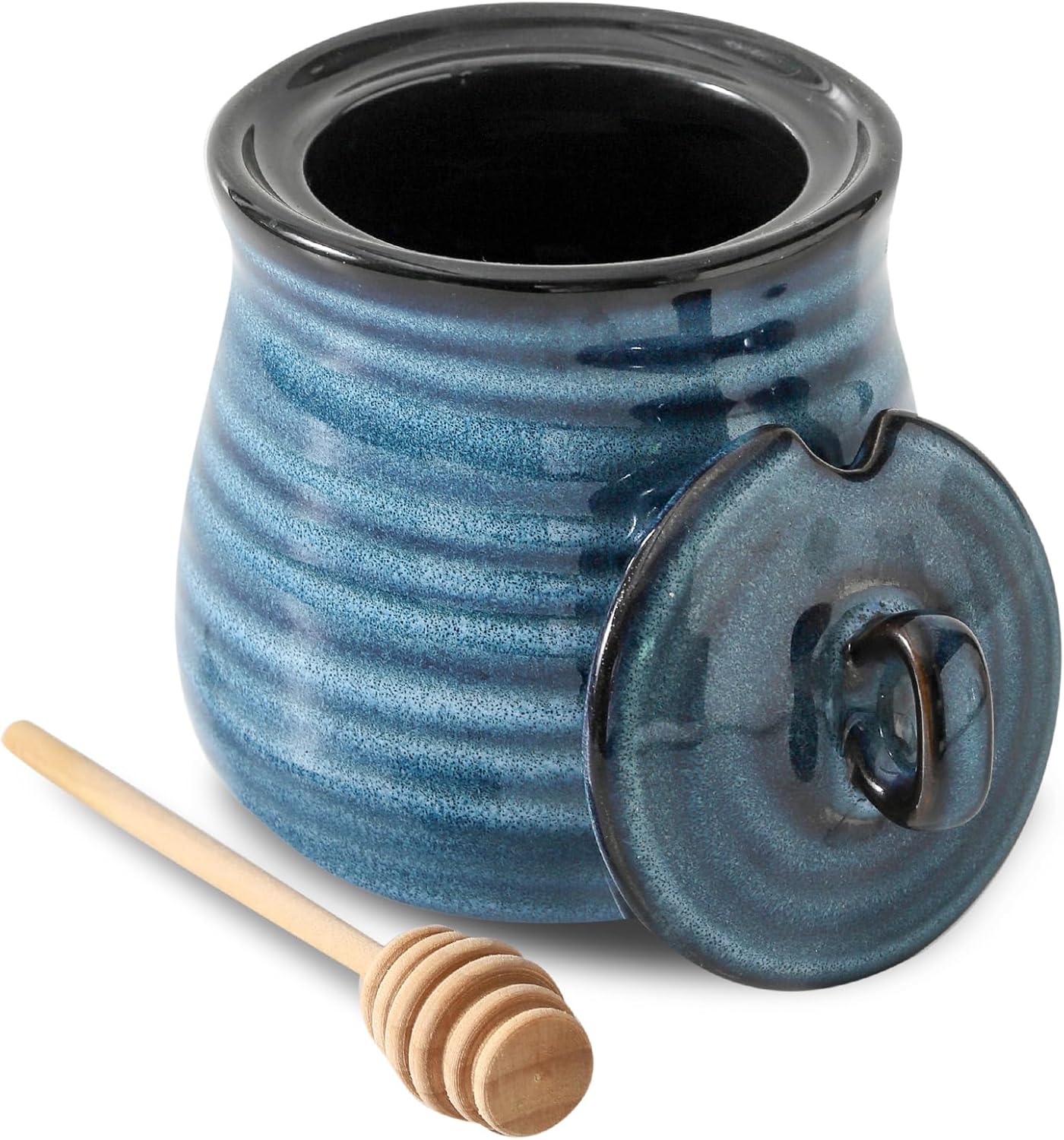 12oz Blue Ceramic Honey Jar with Lid and Wooden Dipper, Dishwasher Safe, Cute Party & Kitchen Decor