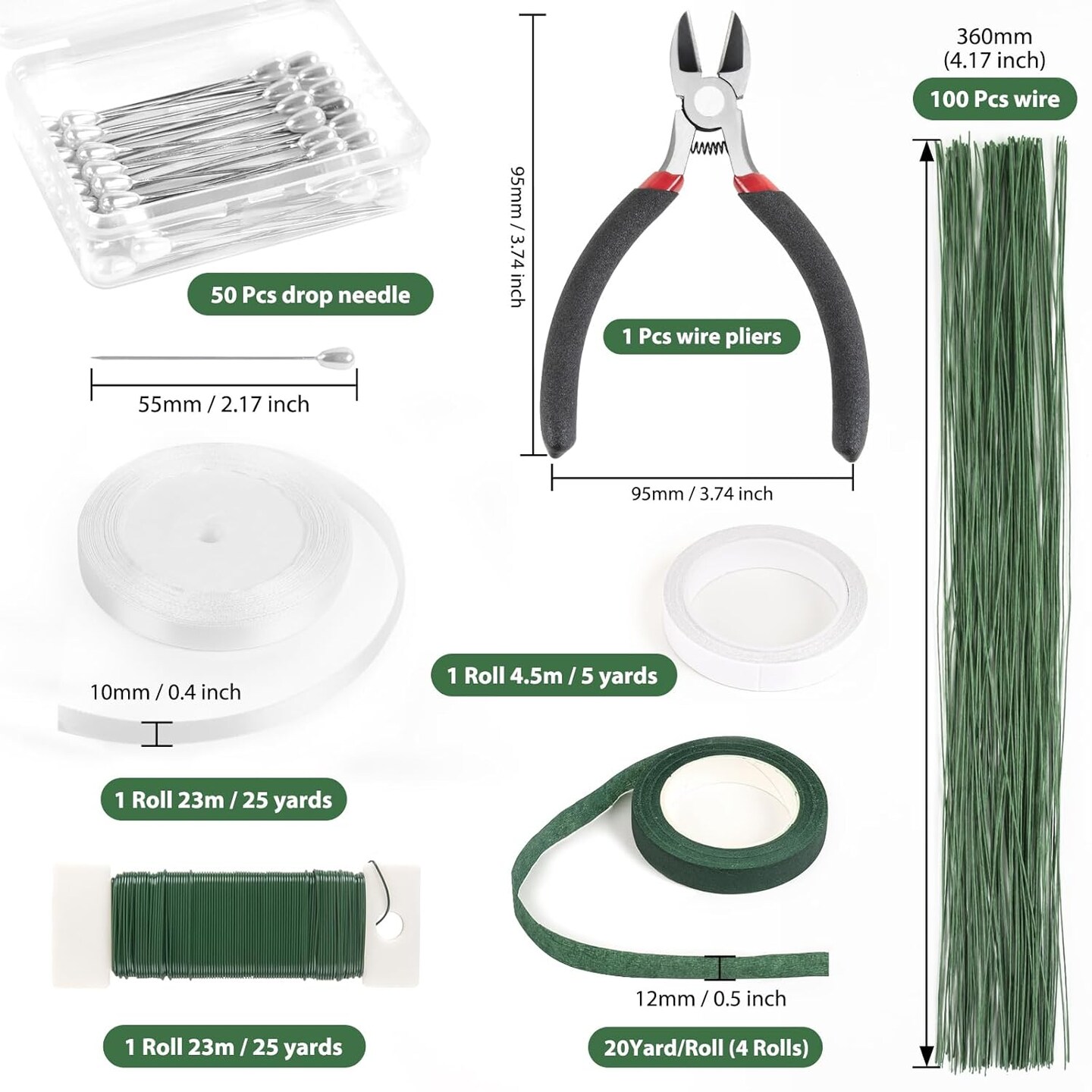 Floral Arrangement Kit with Green Floral Tape and Wire,26 Gauge Floral Stem Wire,22 Gauge Floral Wire,Boutonniere Pin for Bouquet Stem Wrap Florist.