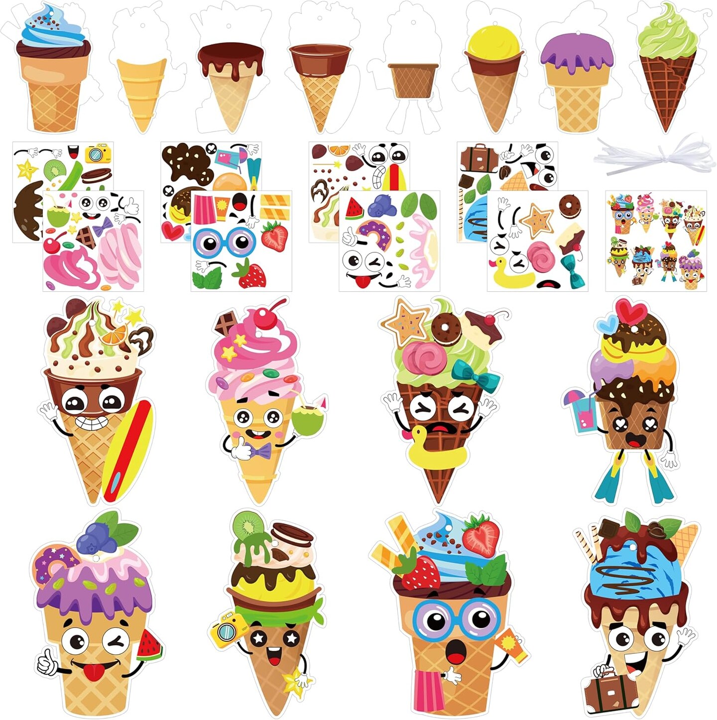 Summer Ice Cream Craft Kit - 123Pcs Summer Make Your Own Ice Cream Stickers Craft for Kids Summer DIY Waffle Cone Art Sticker Set School Classroom Home Game Fun Activities Art Supplies Decor