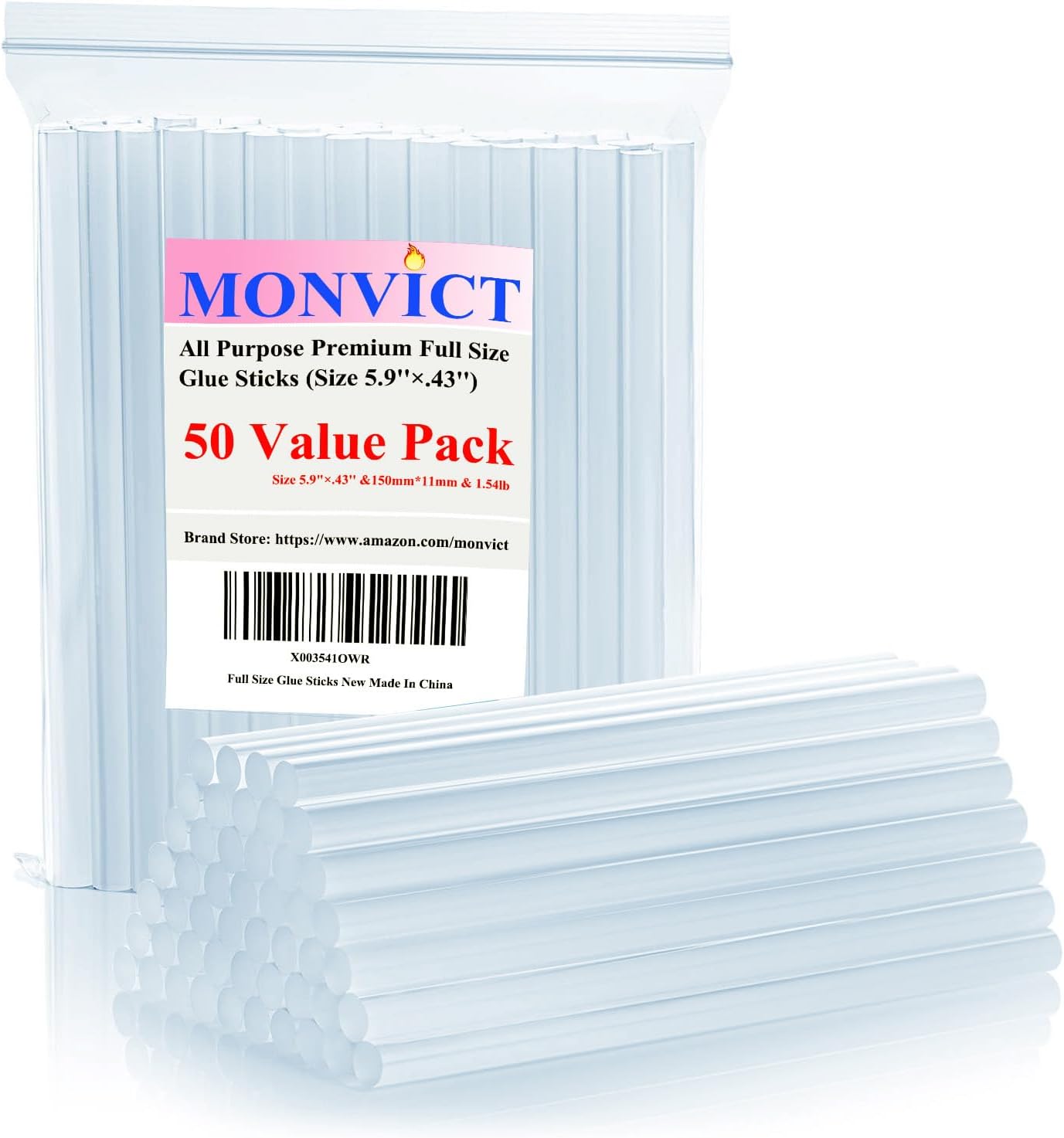 Hot Glue Sticks, Pack of 50 (1.54 lb) 6&#x22;Long 0.43&#x22; Diameter Full-Size Hot Glue Gun Sticks Art Glues Pastes Hot Melt Sticks for Most Large Glue Guns, Clear Glue Sticks for DIY, Arts &#x26; Crafts