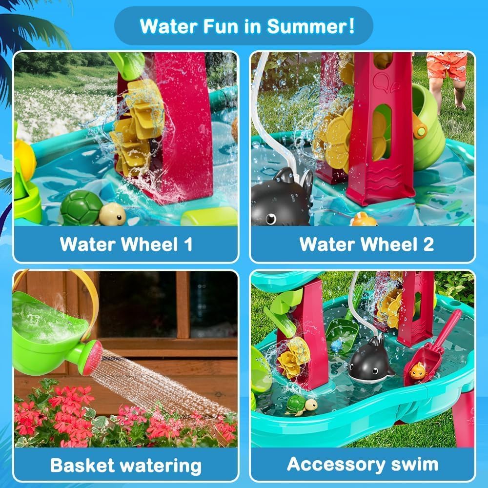 Summer Sand Water Table Toys for Toddlers Kids - with Water Pumb &#x26; Umbrella 3-Tier Kids Splash Table, Water Play Toys for Outside Outdoor Backyard, Toddler Sand Sensory Table for Boys Girls