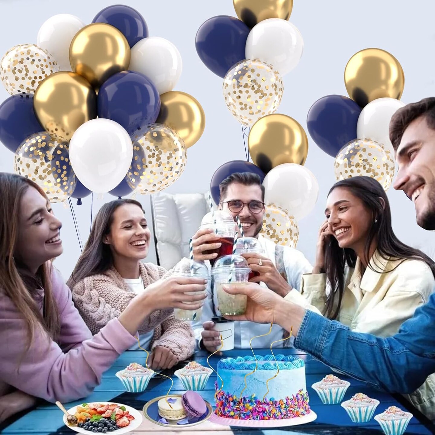 Navy Blue Gold Balloons Set, 50 pcs 12 inch Metallic Gold Navy Blue White Confetti Latex Balloons Kit