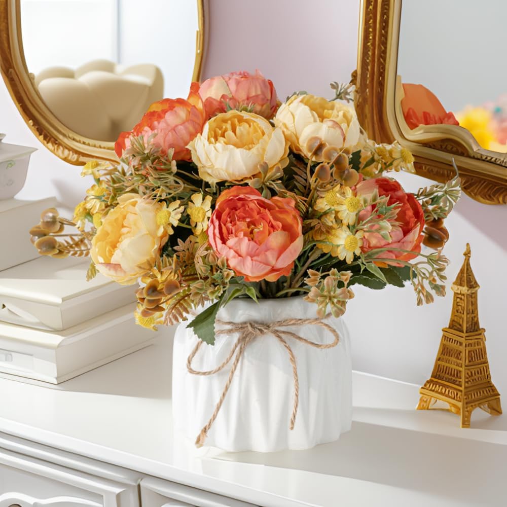 Faux Flowers with Vase,Artificial Silk Flowers in Ceramic Vase,Small Fake Flower Arrangement for Home Office Kitchen Bathroom Coffee Dining Table Centerpiece Decor (Orange,Chrysanthemum)