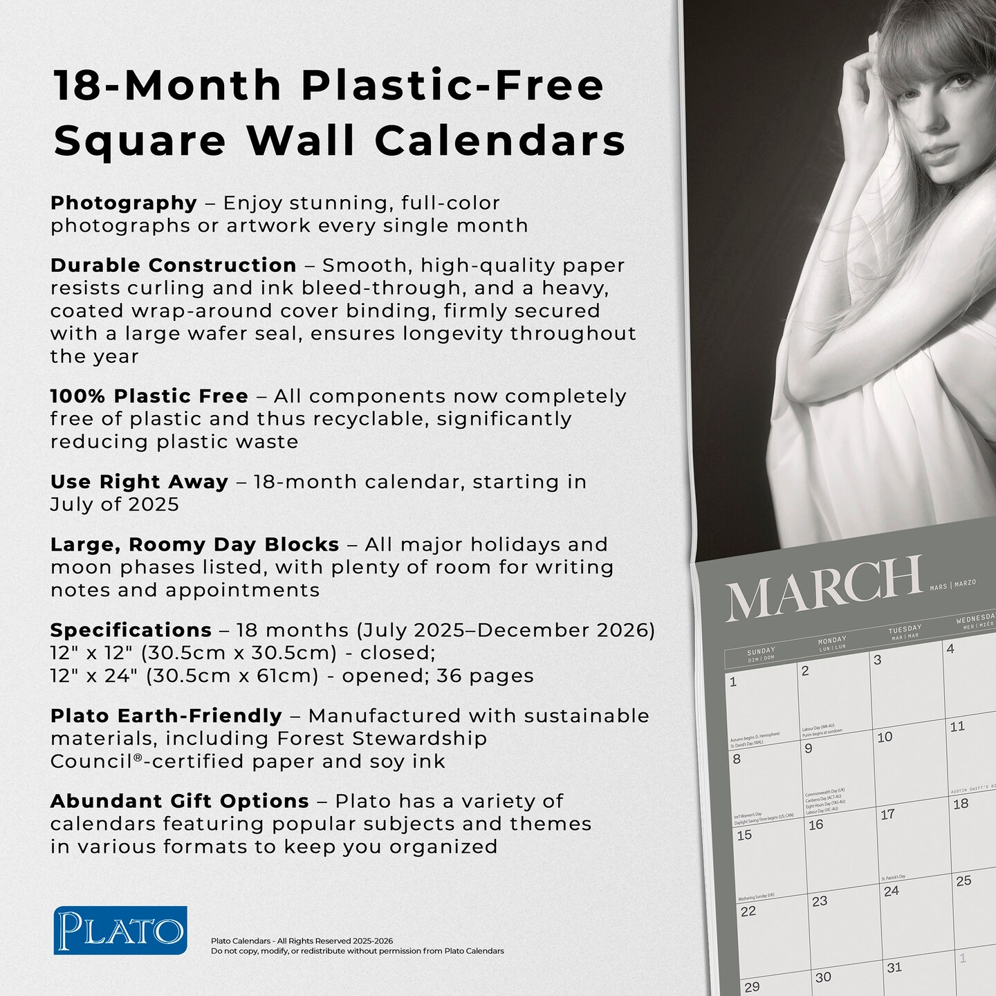 Taylor Swift OFFICIAL | 2026 12x24 Inch (Hanging) 18 Months Monthly Square Wall Calendar | July 2025 - December 2026 | Plastic-Free