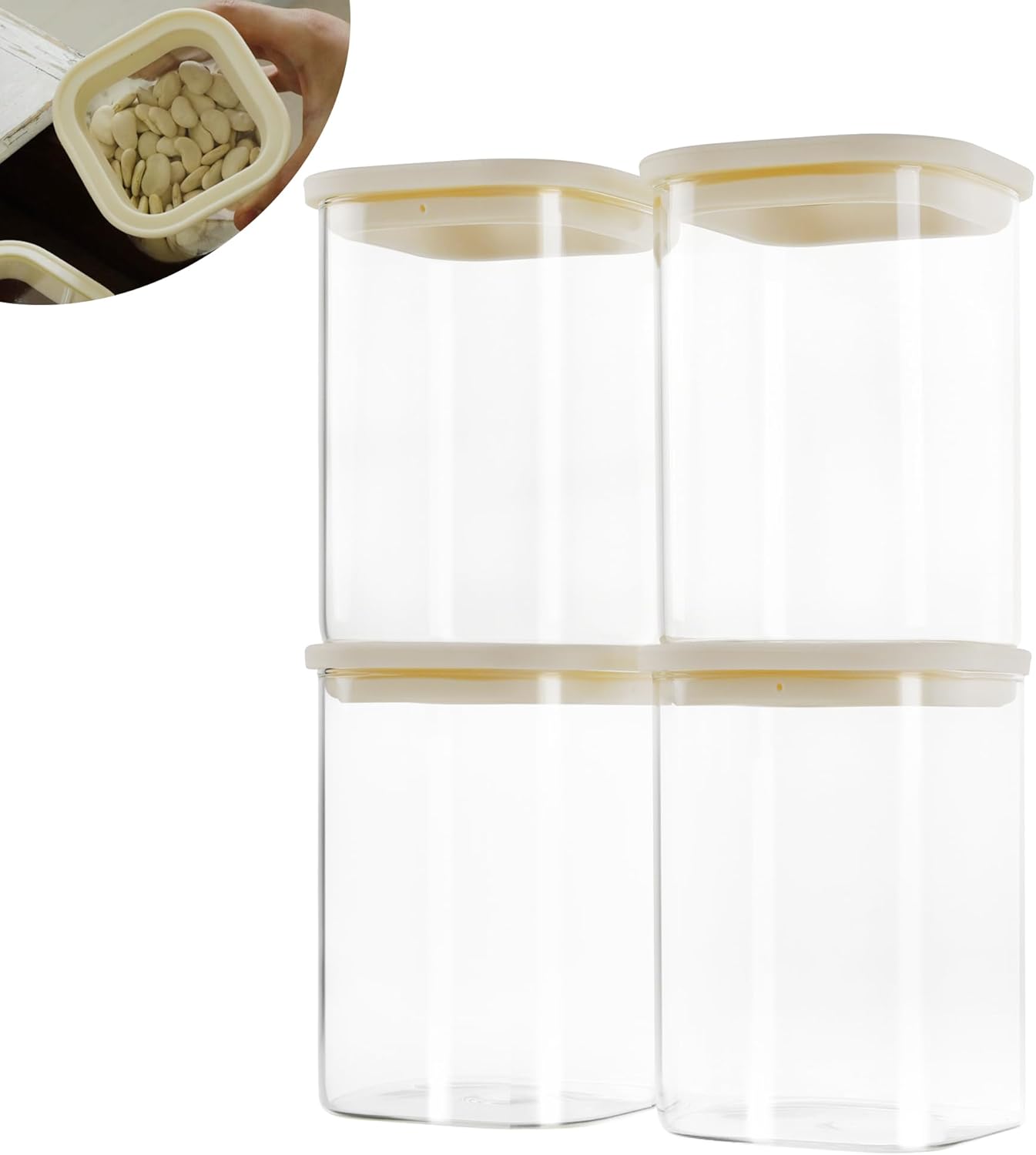4pcs 40oz Square Pantry Glass Jars with Clear Airtight Lids Kitchen Canisters Sets for Flour, Sugar Refrigerator Safe