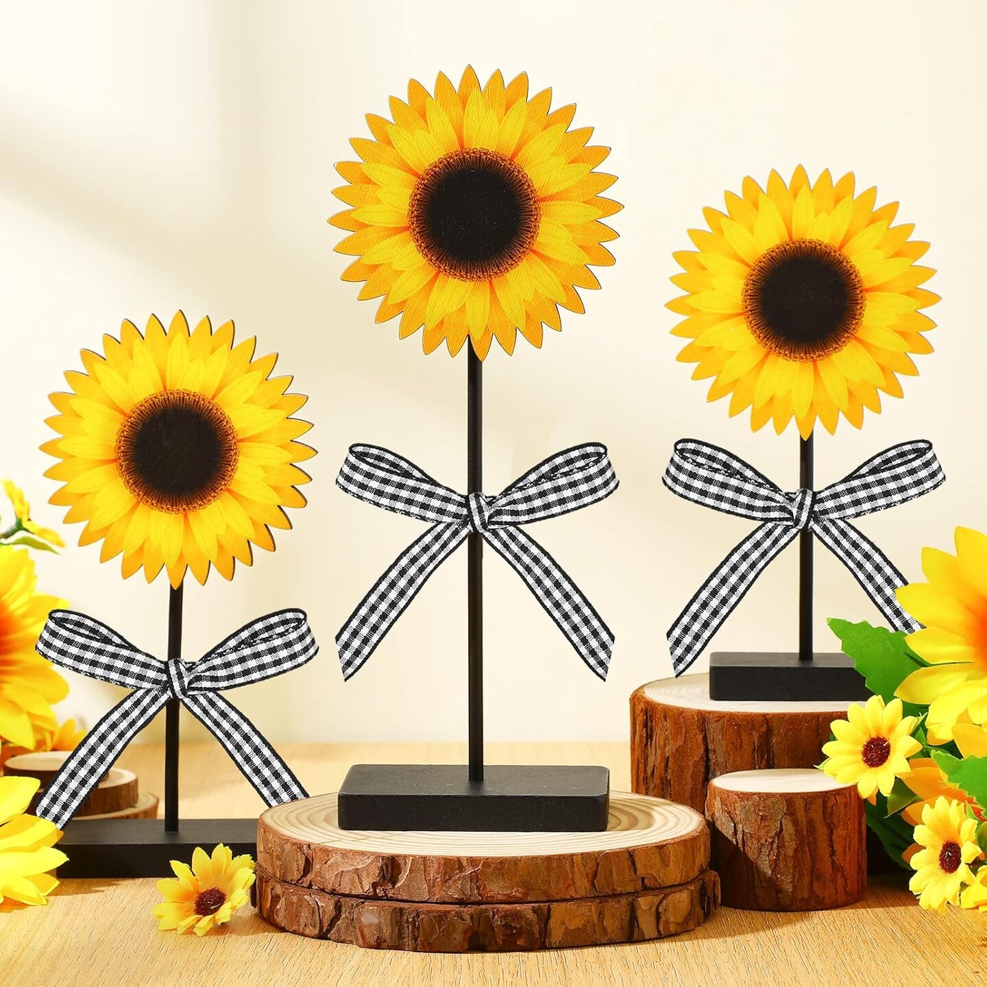 3 Pcs Summer Sunflower Wood Table Sign Freestanding Sunflower Tabletop Decor Farmhouse Wooden Centerpieces for Tables Rustic Wood Tray Home Decor Standing Block Decorations for Kitchen