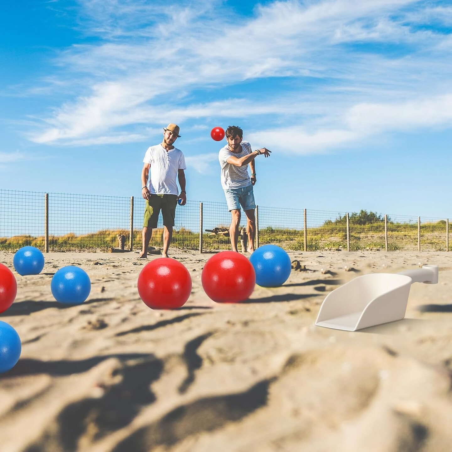 Summer Sand Toys, Outdoor Beach Toss Game Set Beach Accessories and Must Haves 12 Beach Balls 2 Plastic Sand Beach Shovels 4 Cup Sleeves 1 Mesh Ball Bag for Family Adult Friends Summer America&#x27;s Games