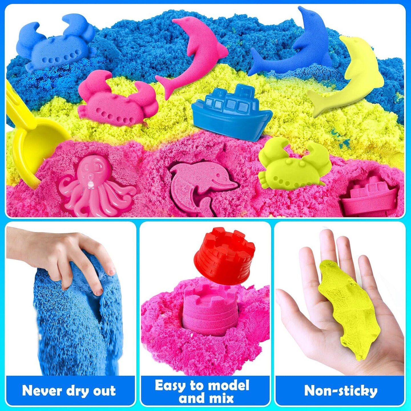 Summer Sensory Bin - 52 PCS Play Sand Kit with 3lbs Magical Sand, Beach Toys Castle Molds Sand Molds, Sensory Toy Sandbox, Kids Gifts for Girls and Boys