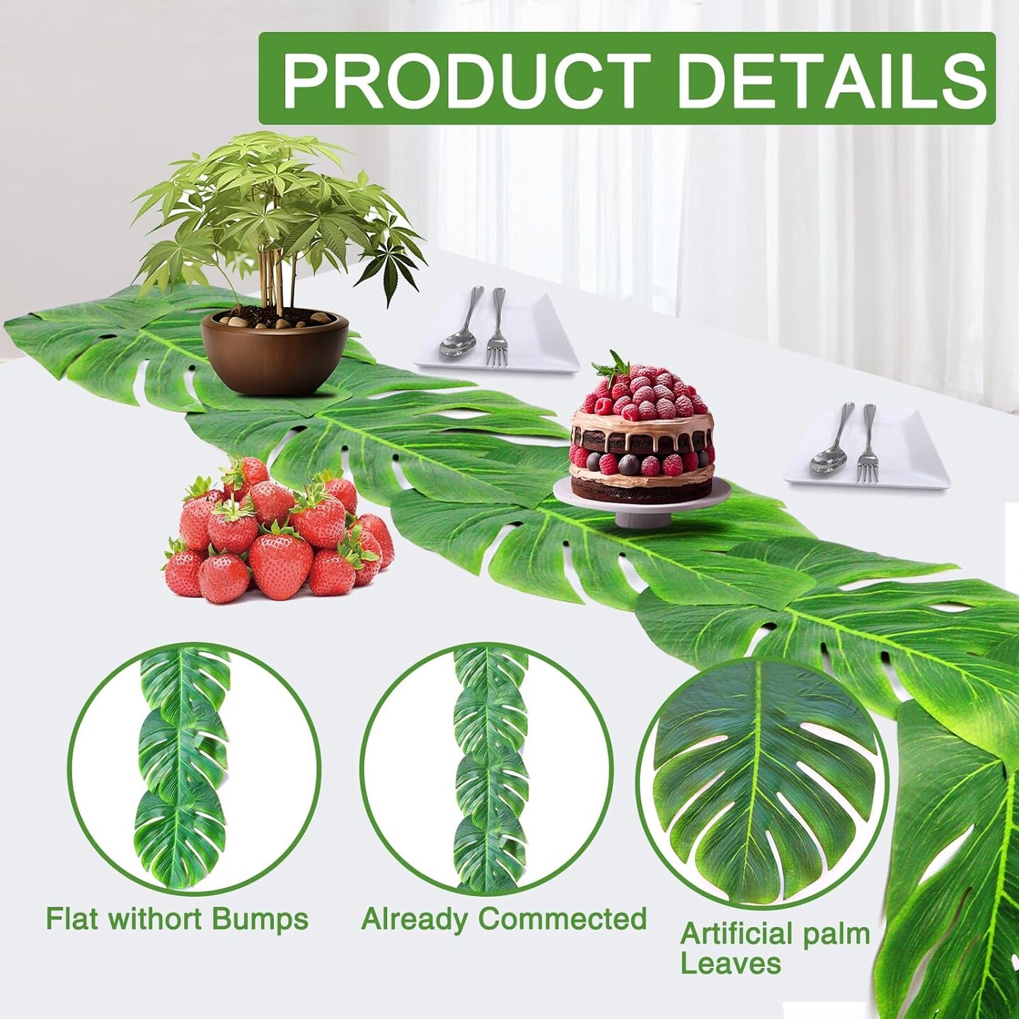 Artificial Palm Leaves Table Runners 72 Inch, Tropical Palm Leaves Table Runner Faux Leaf Table Cloth for Wedding Hawaiian Luau Theme Party Supply Summer Table Wall Decorations (6)