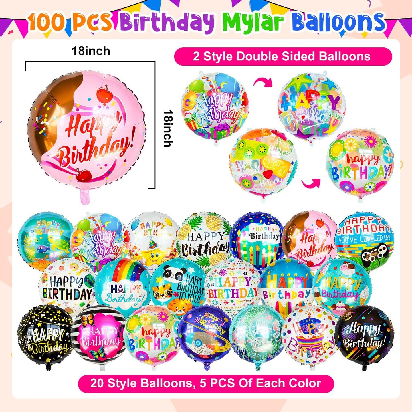 100 Pcs Happy Birthday Mylar Balloons, 18IN Round Birthday Helium Aluminum Foil Balloons