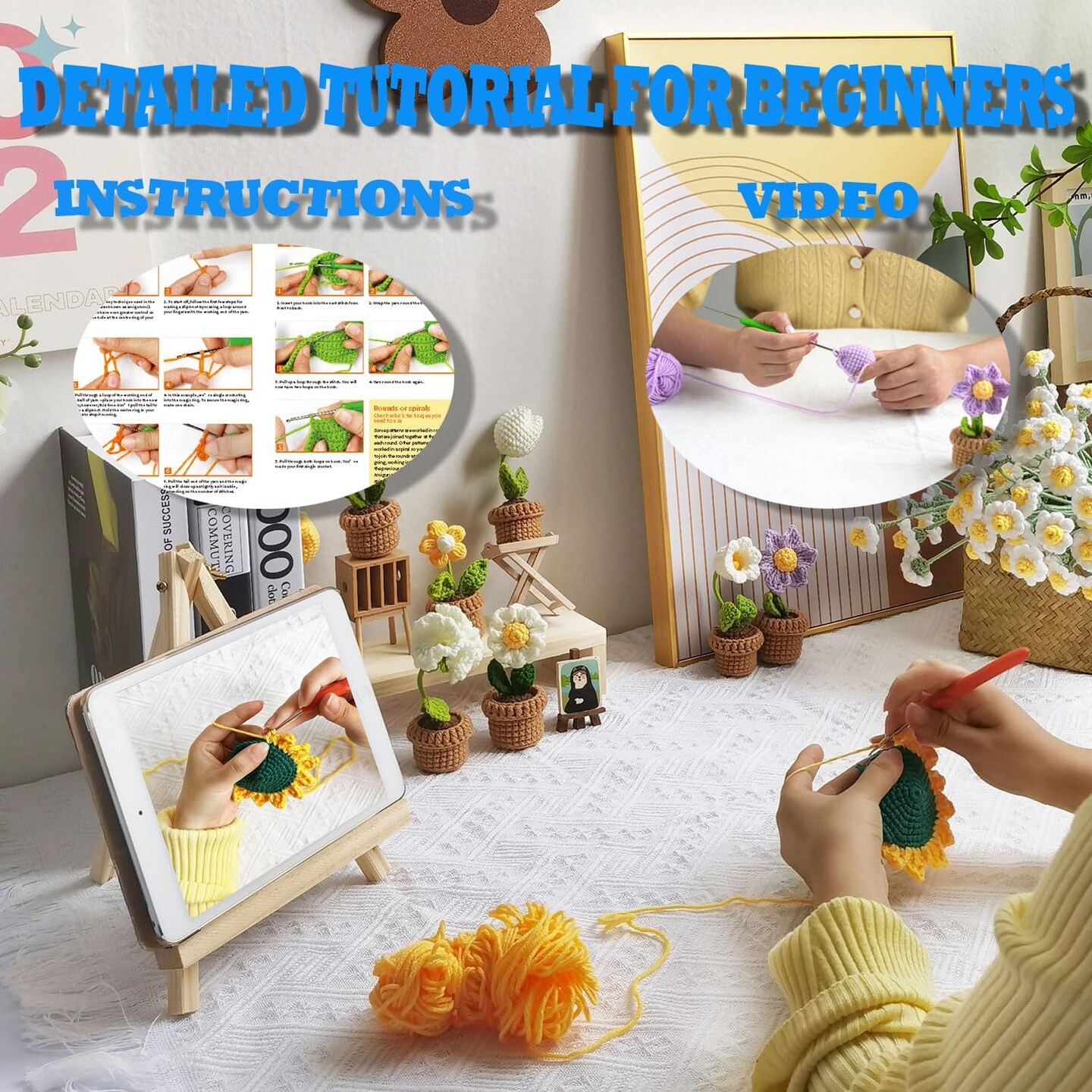 Crochet Kit for Beginners with Step-by-Step Video Tutorials, DIY Craft Set, Knitting Supplies Gift for Adults and Kids (13+) - Complete Kit With Cute Rabbit Flower Bouquet