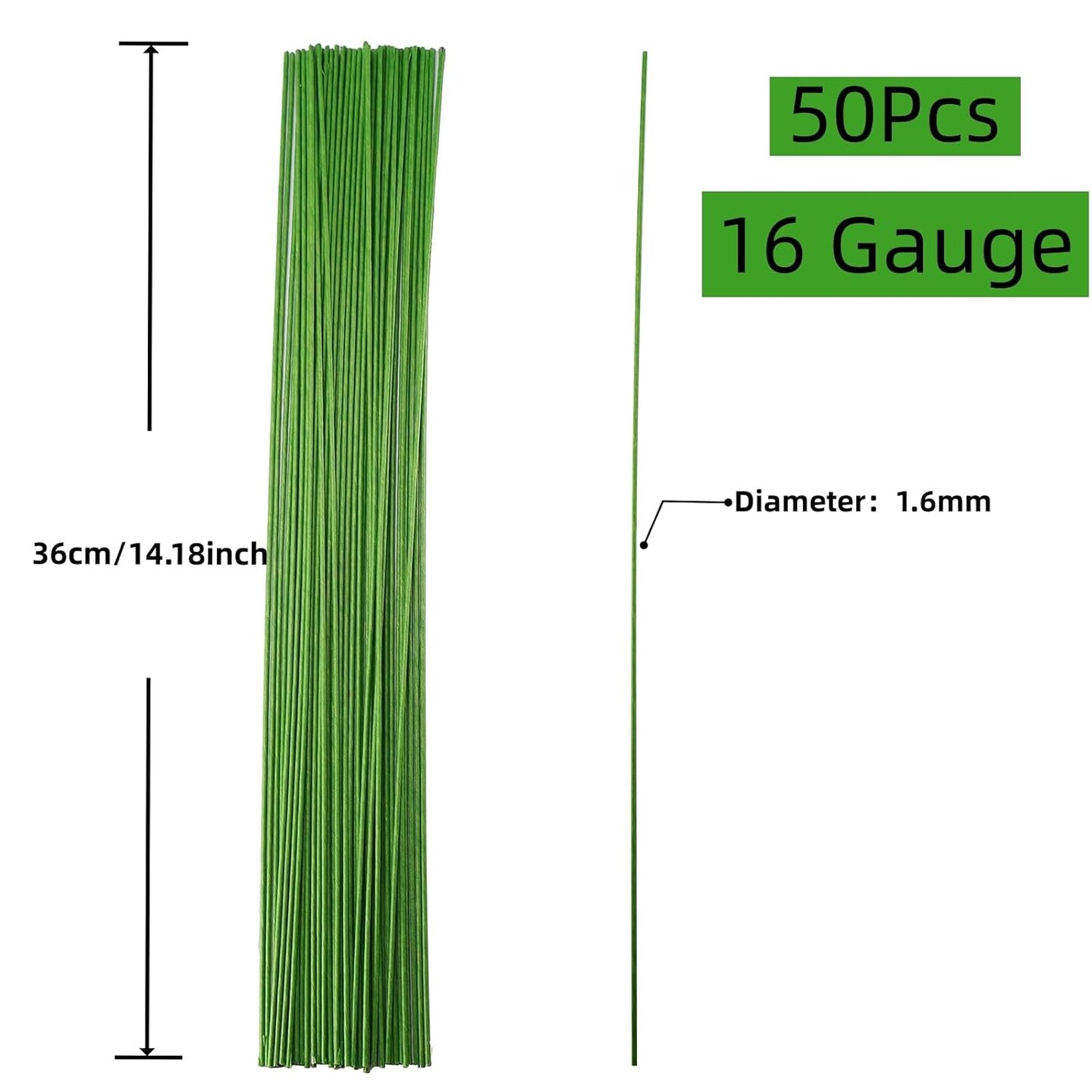 16 Gauge Floral Wire Stems Flower Florist Floral Stem Wire for Bouquet Craft,50Pcs Green 16 Gauge
