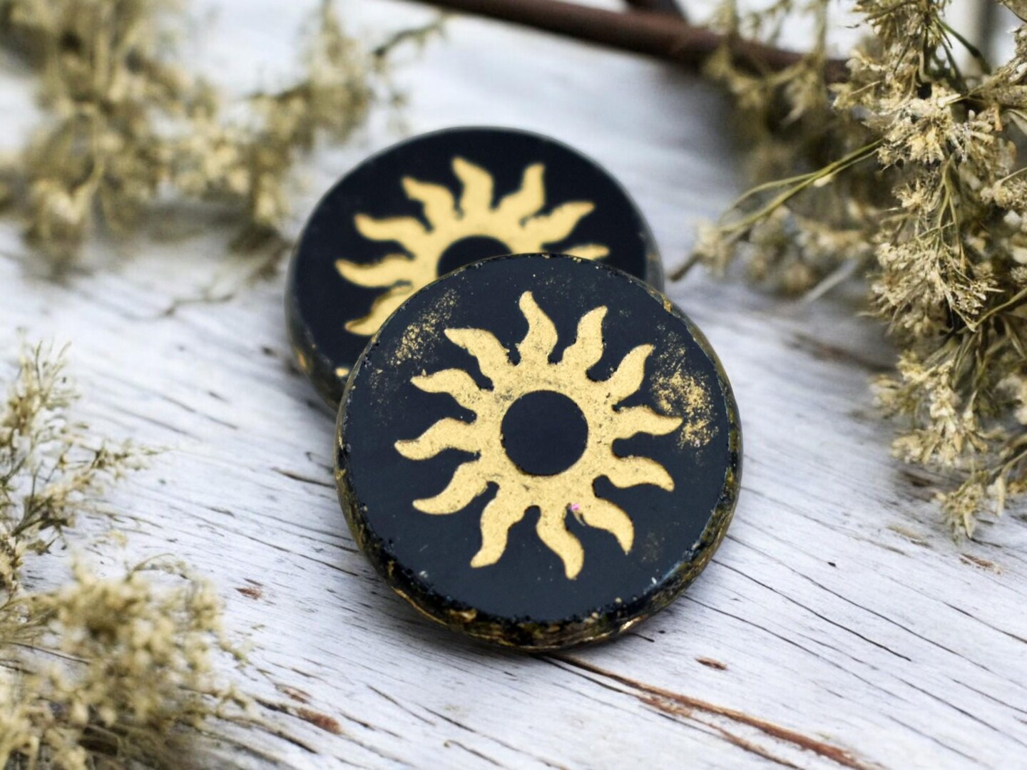 *2* 21mm Gold Washed Jet Picasso Table Cut Sun Design Coin Beads