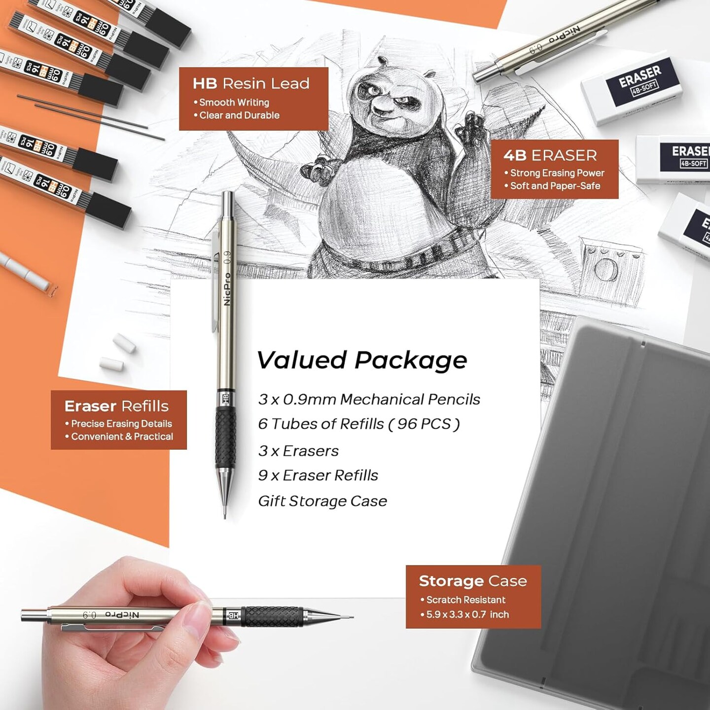 RG1000 0.9 mm Art Mechanical Pencil Set in Storage Case, 3 PCS Metal Drafting Pencil Lead Pencil with 6 Tube HB Refills, 3 Erasers, 9 PCS Eraser Refills for Artist Writing, Drawing, Sketching