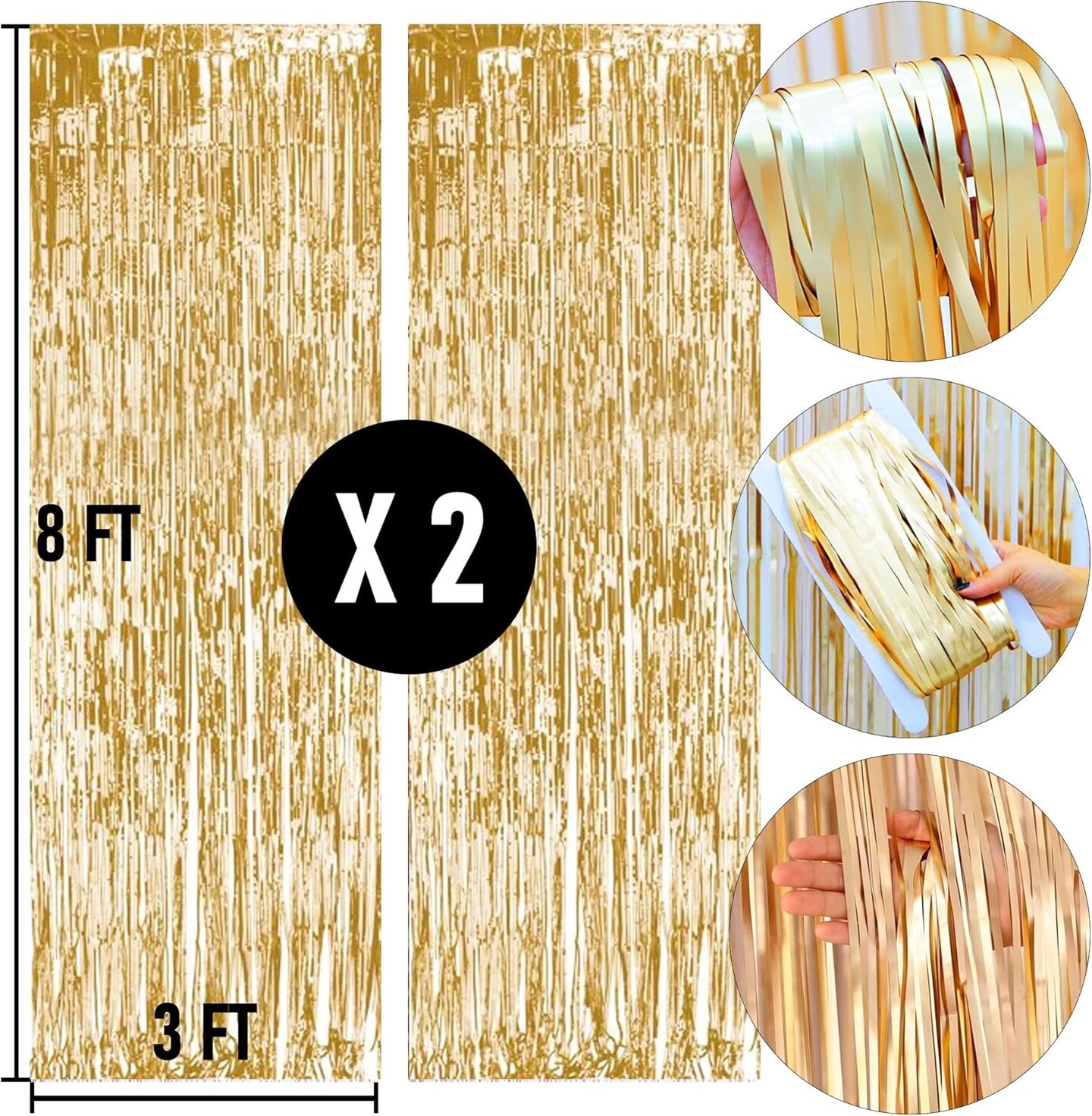 2 Pack Backdrop Curtain, 3FT x 8FT Metallic Tinsel Foil Fringe Curtains Photo Booth Background for Baby Shower Party Birthday Wedding Engagement Bridal Shower (Champagne Gold)
