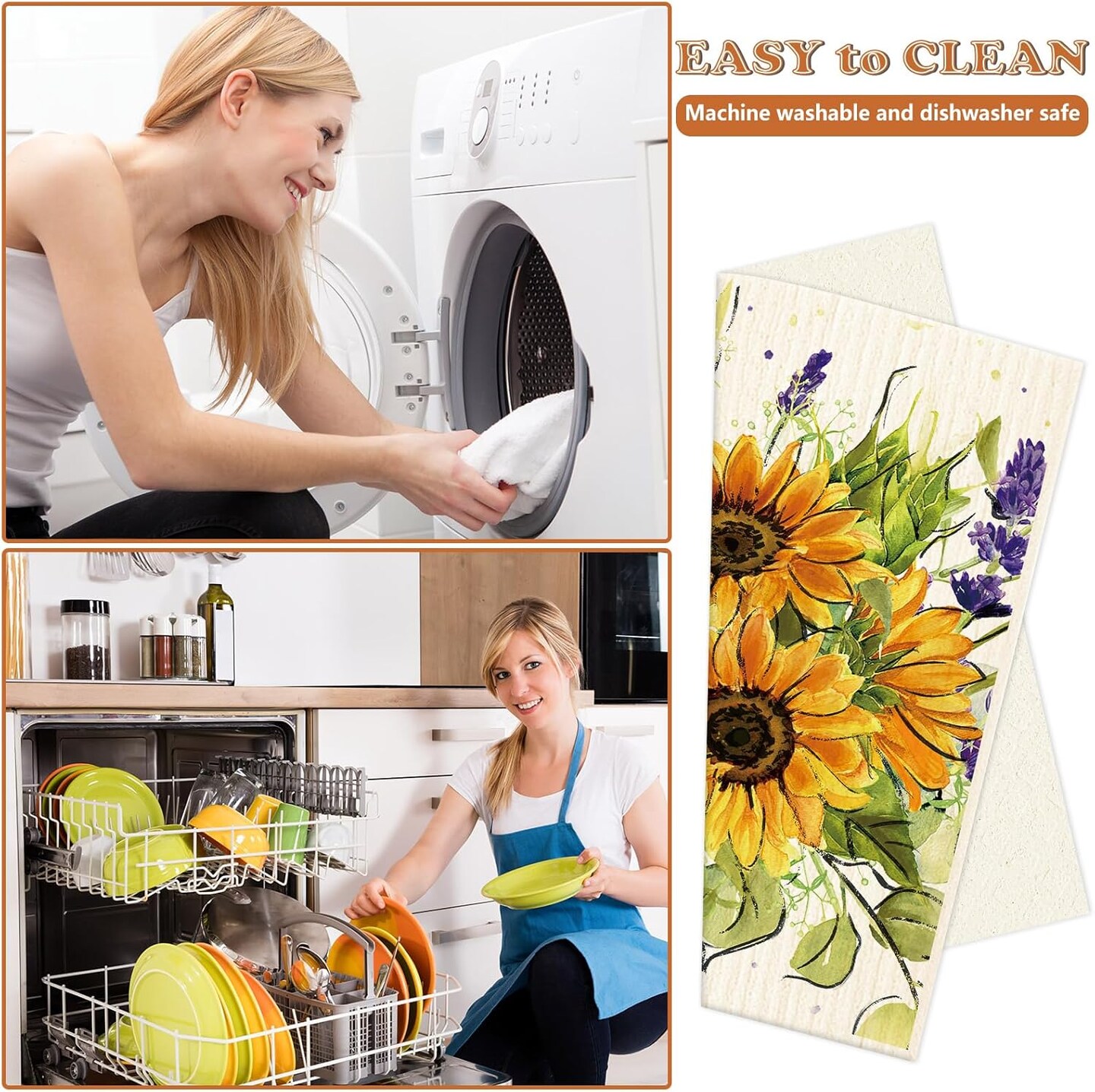 4Pcs Watercolor Sunflower Swedish Kitchen Dishcloth Summer Floral Cotton Kitchen Towel Reusable Absorbent Dish Towel for Home Kitchen Housewarming Cleaning, 7 x 8 Inch