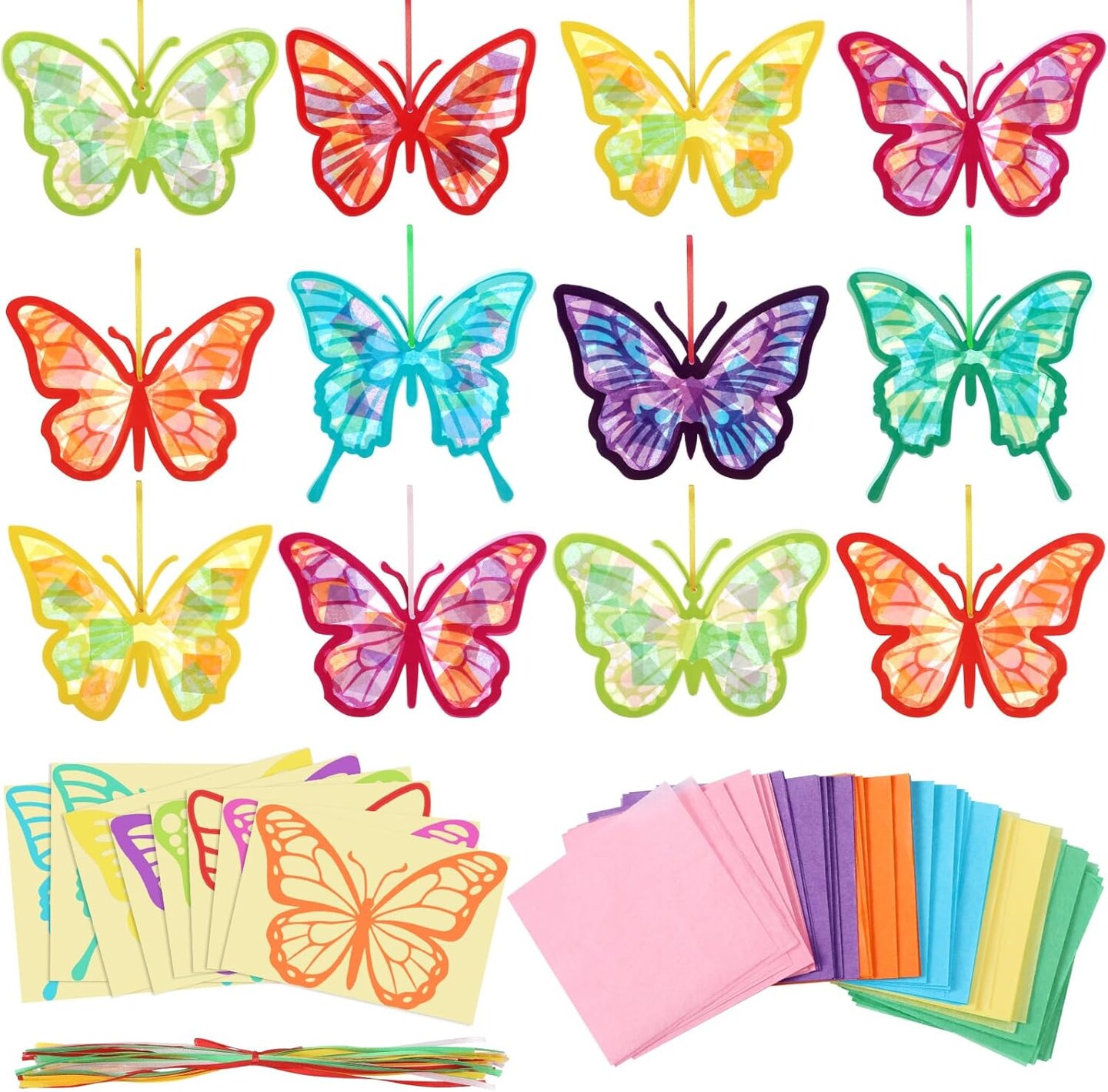 32 Pcs Butterfly Suncatchers Paper Craft Set DIY Butterfly Shaped Stained Glass Effect Tissue Paper Kits Bulk for Window Classroom Activities Art Summer Party Decorations Favors Gift