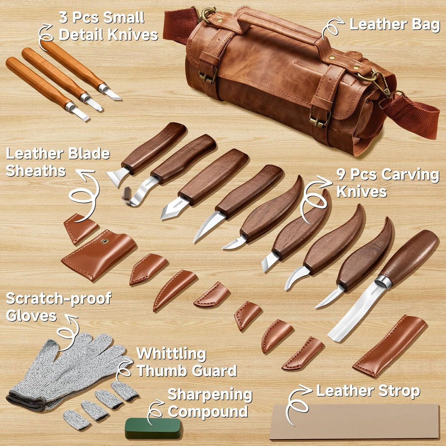 Wood Carving Kit, 17Pcs Wood Carving Tools, Professional Whittling Knife Set, Wooden Hand Knives with Sheath & Deluxe Leather Roll Bag for Beginners Adults & Starter Woodworking