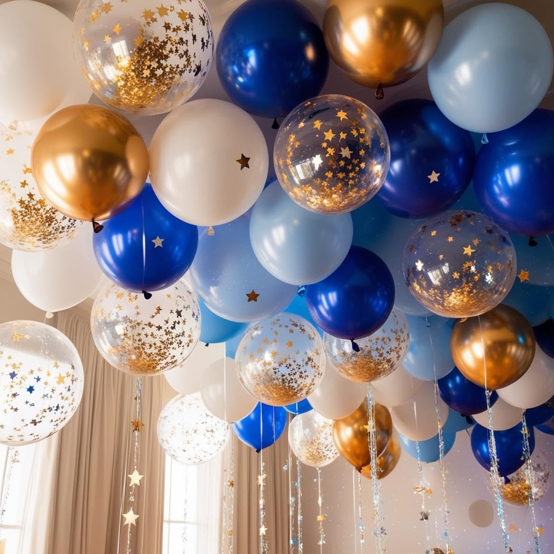 Blue Gold Balloons, 12 Inch Royal Blue and Gold Balloons, Blue and White Gold Balloons Metallic Gold Star Confetti Latex Balloons