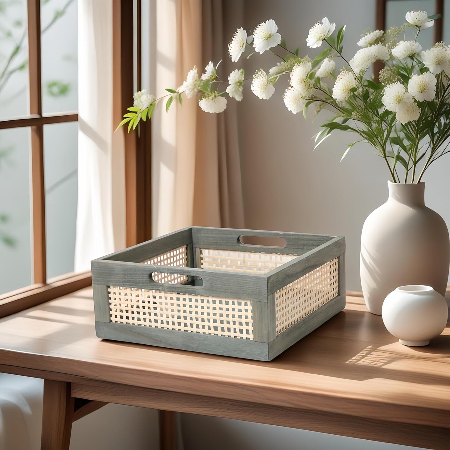 Summer Grey Wooden Storage Baskets with Handle, Square Bamboo Baskets for Organizing, Decorative Storage Basket for Shelves, Toy Storage Basket,Towel Organizer, Gift Baskets Empty (Grey)