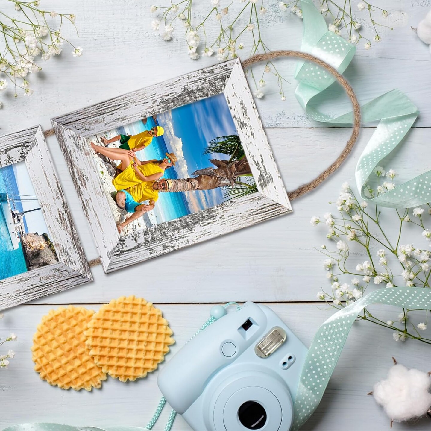 Picture Frames, 4x6 Picture Frames Collage Wall Decor, Wall Hanging Picture Frames Collage with 3 Opening, MDF Wood Frames 2 Pack(Rustic White)