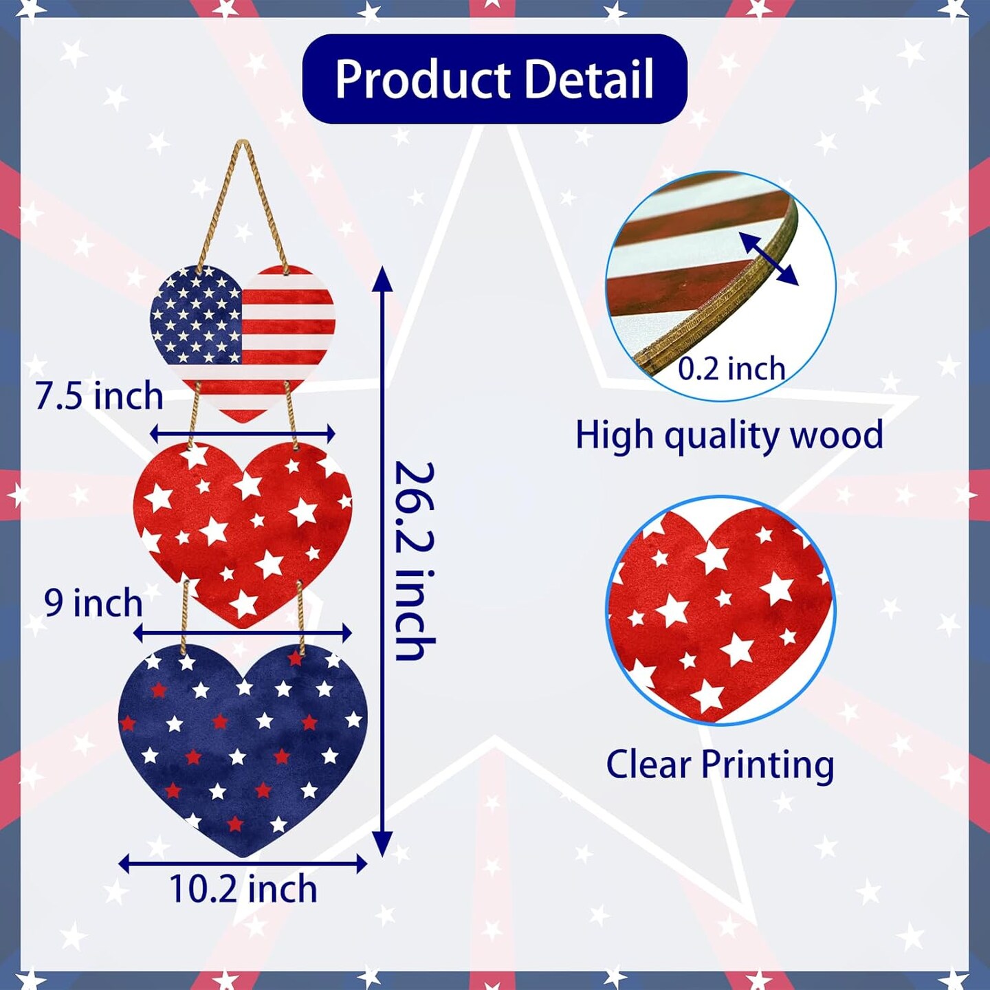 Patriotic Heart Wreath 4th of July, Wooden Hanging Door Decor