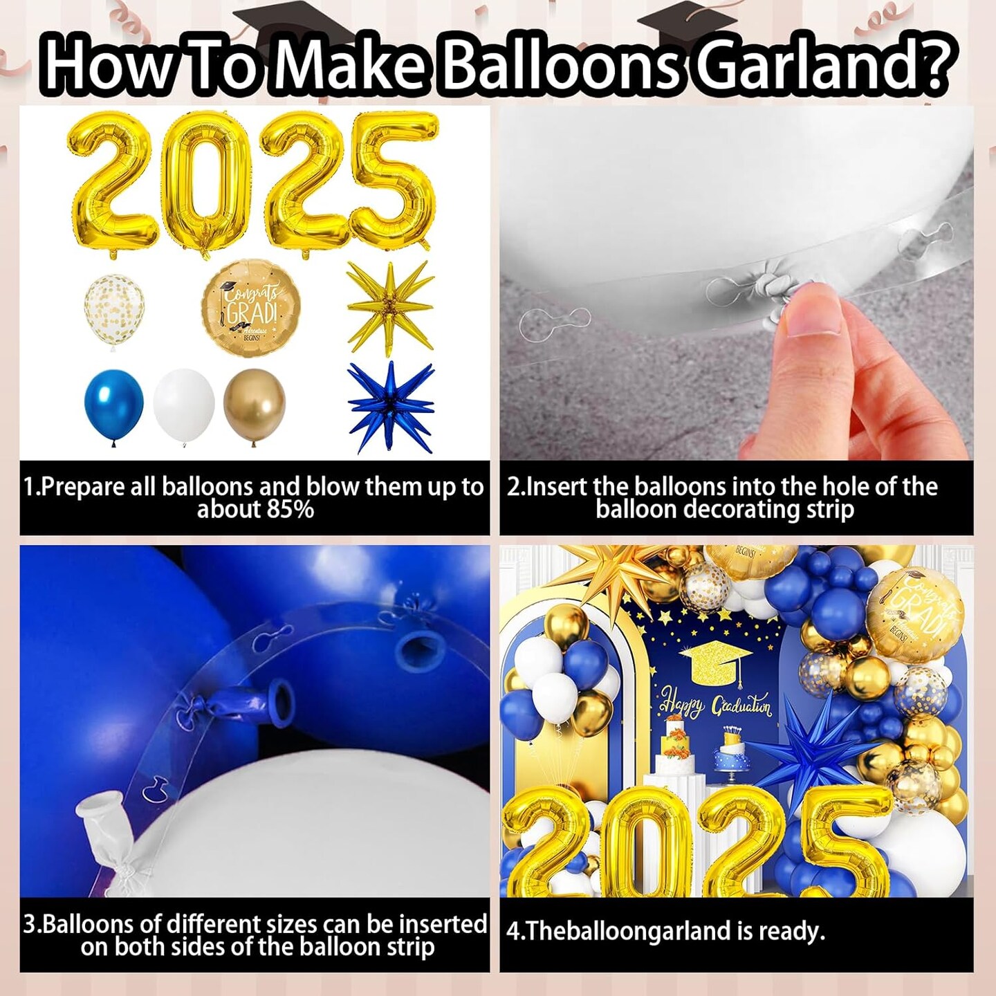 Graduation Balloons Garland Arch Kit, Graduation Balloons Class of 2025, Navy Blue and Gold White Latex Balloons with Graduation Class Foil Balloons for 2025 Graduation Party Decor