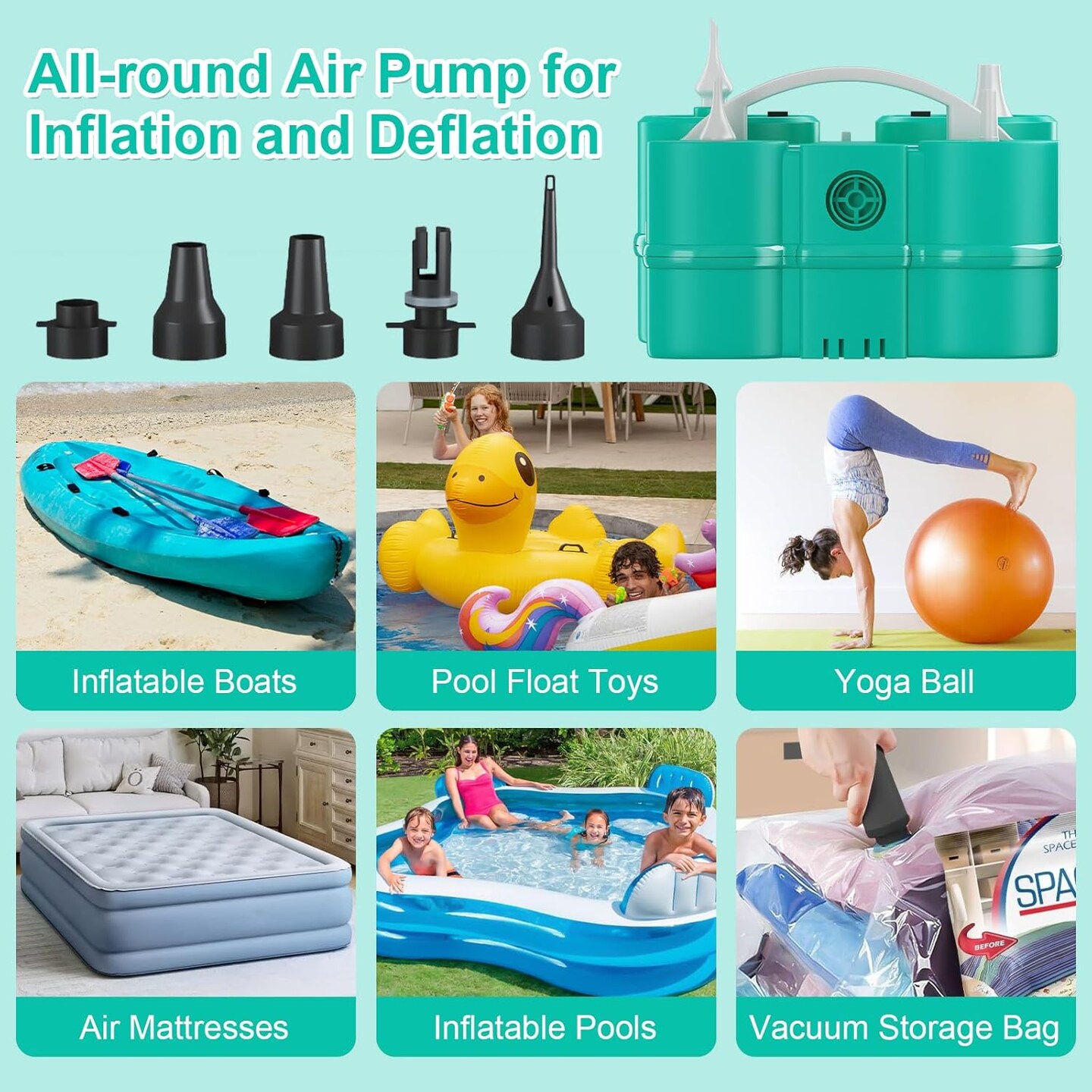 Electric Balloon Pump, 3-in-1 Air Pump for Inflatables and Balloons, Portable Balloon Pump for Latex 260Q Long Foil Balloons, 110V Dual Nozzle Inflator Deflator for Pool Floats Air Beds (Teal)