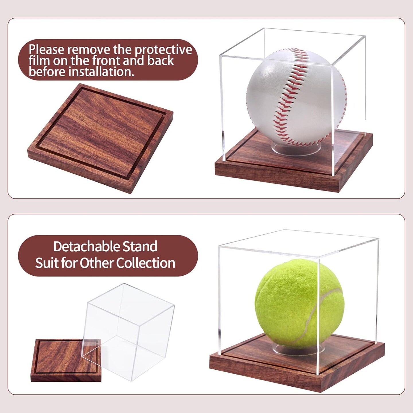 Baseball Display Case, No Assembly Required Clear Cube Tennis Ball Holder with Solid Wooden Base, Autograph Baseball Stand Box for Single Ball (1 Pack)