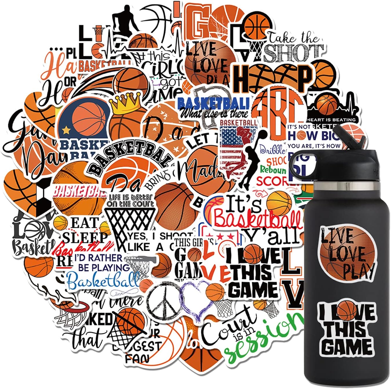 50Pcs Basketball Stickers, Basketball Scrapbook Stickers for Kids Teens Boys Girls, Waterproof Vinyl Stickers for Water Bottle Laptop Scrapbooking Skateboard Guitar