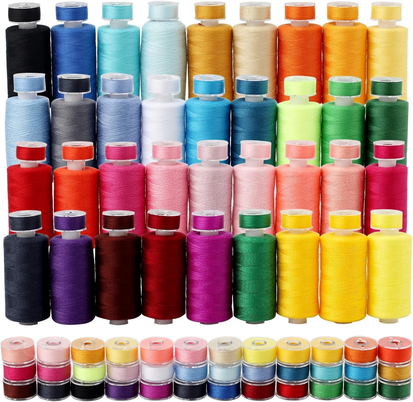 72-piece sewing thread and bobbin set featuring 36 colors, each with 500-yard polyester thread spools and matching prewound bobbins. Ideal for hand sewing, DIY projects, emergency repairs, travel kits, and sewing machine use.