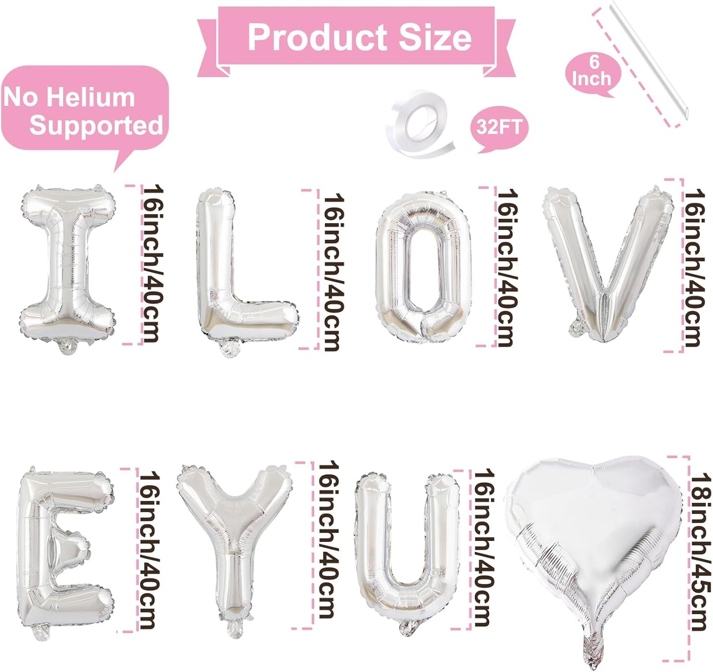 16in Silver 'I LOVE YOU' Balloon Banner with 2 Heart Foil Balloons – Romantic Party Decor