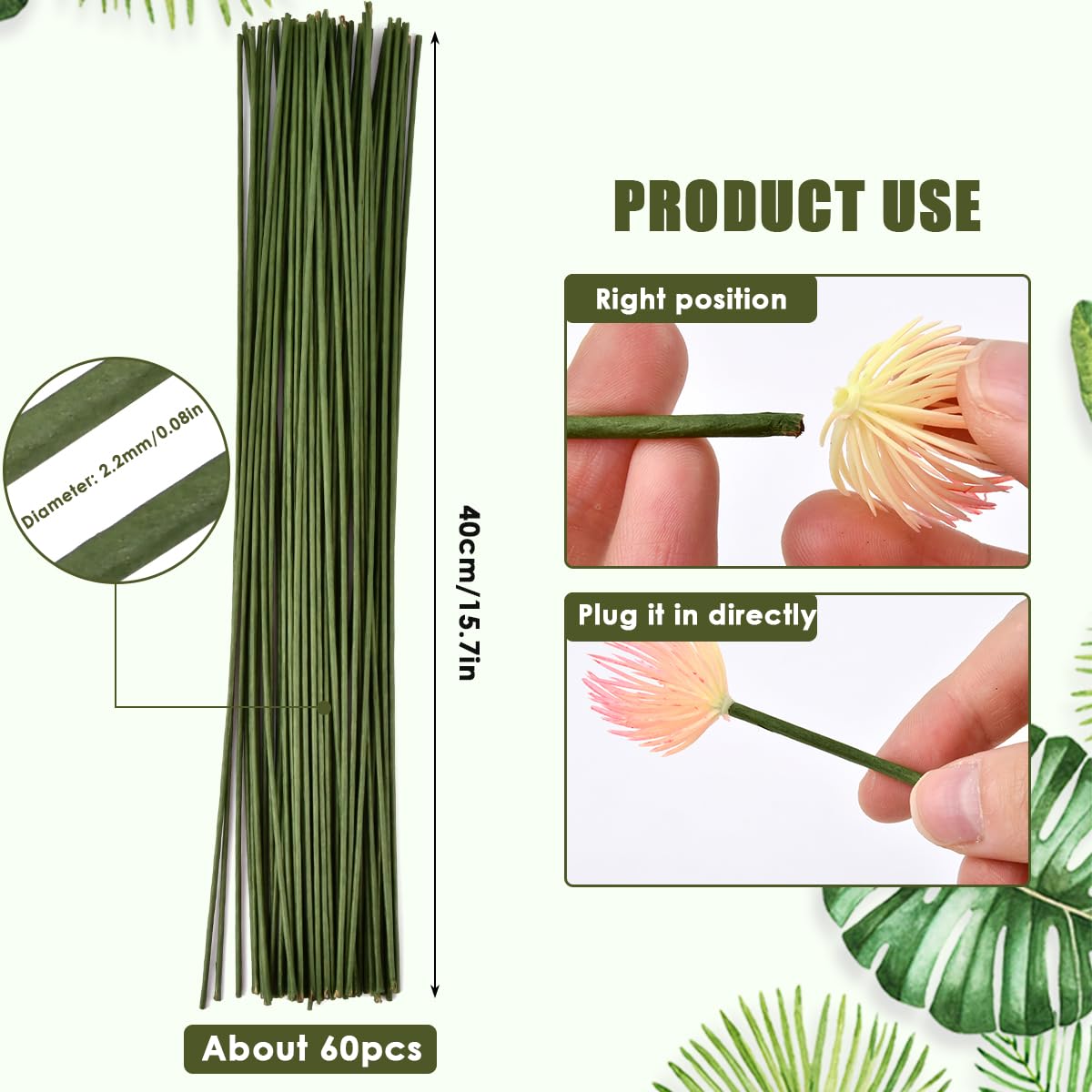 60 Pack Floral Wire Stems, 16 Inch Artificial Flower Rods for Bouquet, Wire Wreath Making Supplies