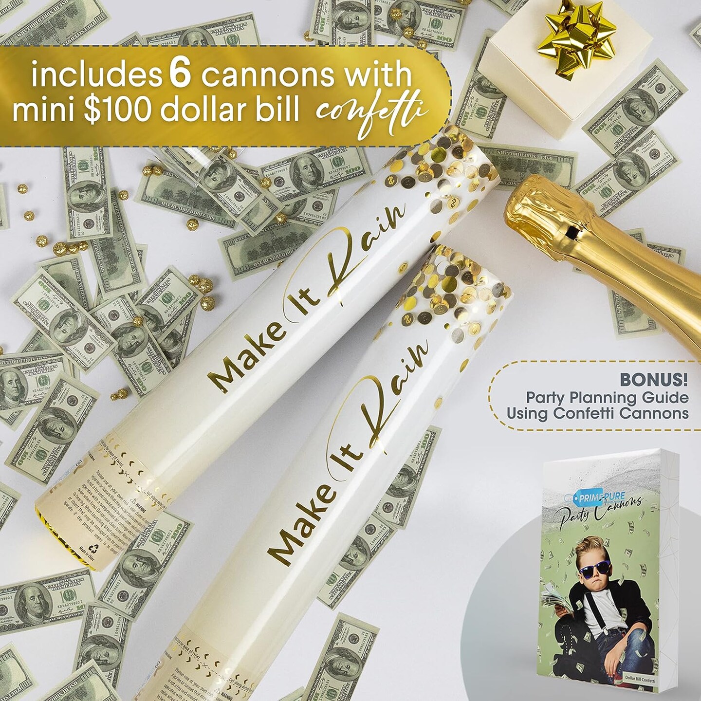 6PCS Money Confetti Cannons – $100 Bill Party Poppers for NYE, Birthday & Graduation