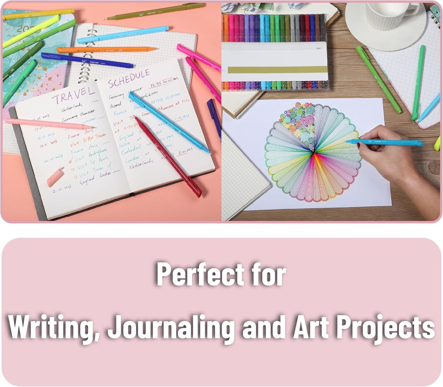 Fineliner Pens Colored, 24 Pack, Ergonomic Triangular Colorful Barrels, 0.4mm Fine Liner Pens