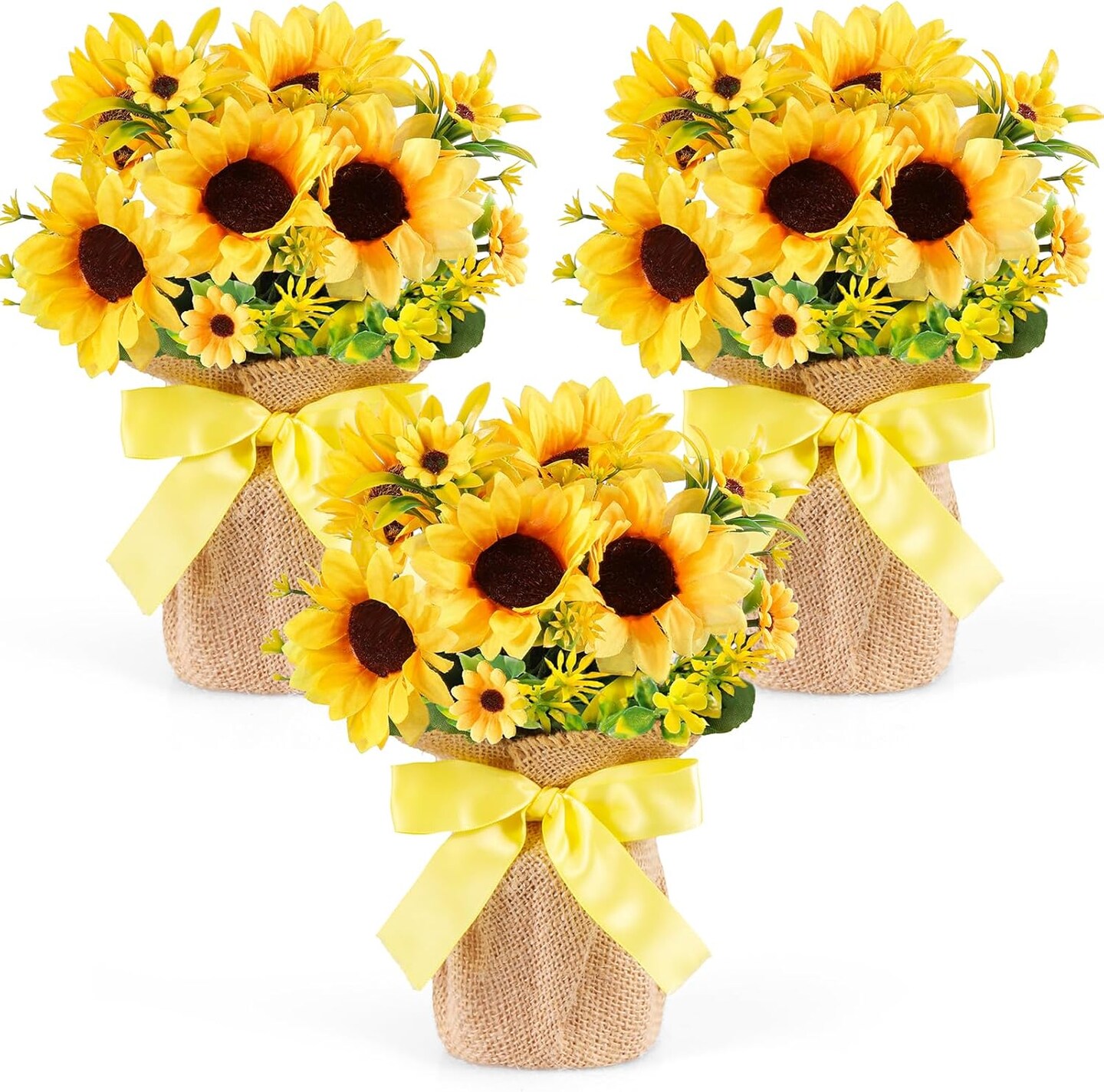 3 Pack Artificial Potted Sunflowers – Faux Sunflower Plants in Burlap Bag Pots, Small Plastic Floral Decor for Spring & Summer Home, Farmhouse, Kitchen, Office Indoor/Outdoor Table Decoration