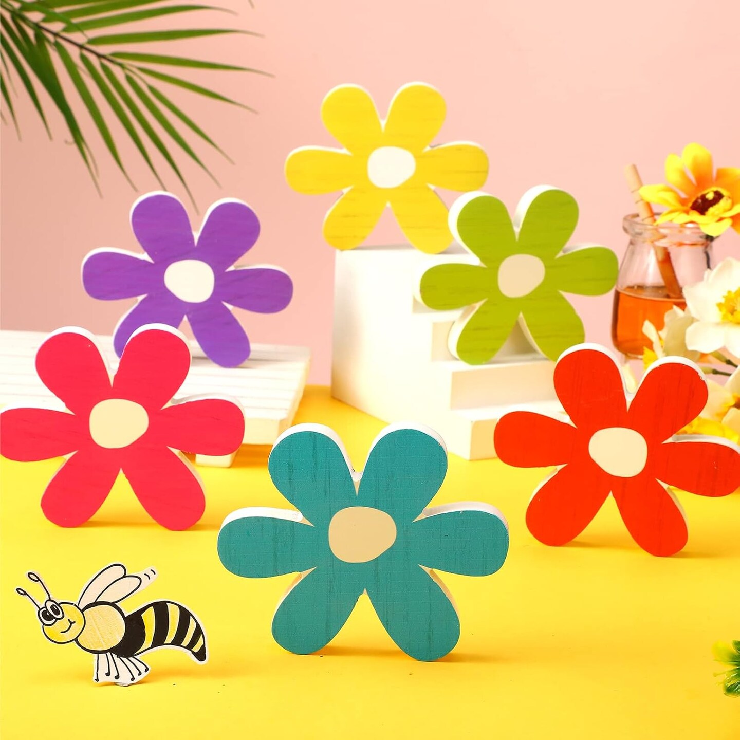 6PCS Spring Daisy Wooden Table Centerpieces – Rustic Tiered Tray & Table Decor