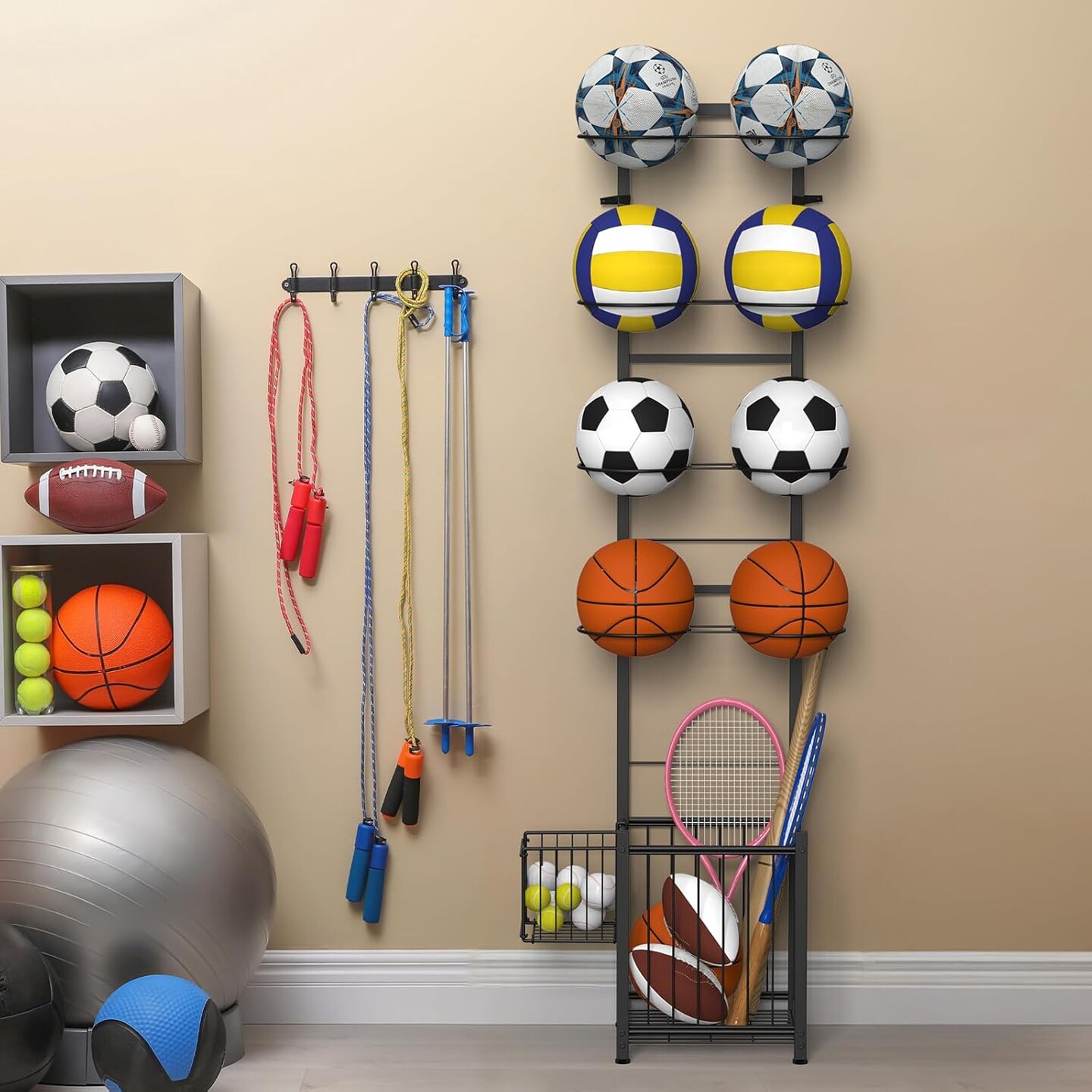 8-Ball Vertical Sports Rack with 2 Baskets &#x2013; Heavy-Duty Metal Ball Holder for Basketball, Soccer, Football, Rackets | Indoor/Outdoor Garage Organizer, Black