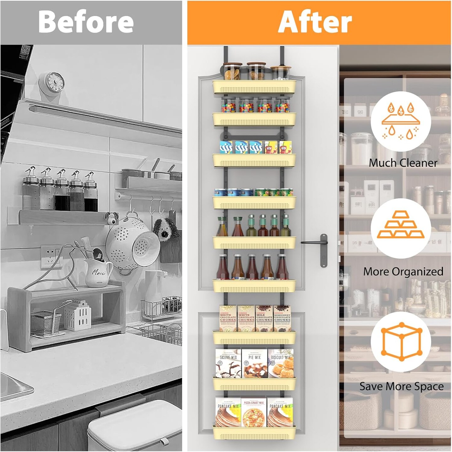 9-Tier Over The Door Pantry Organizer with Adjustable Baskets - No Drilling Wall-Mounted Spice Rack Shelves, Bathroom, Laundry & Closet