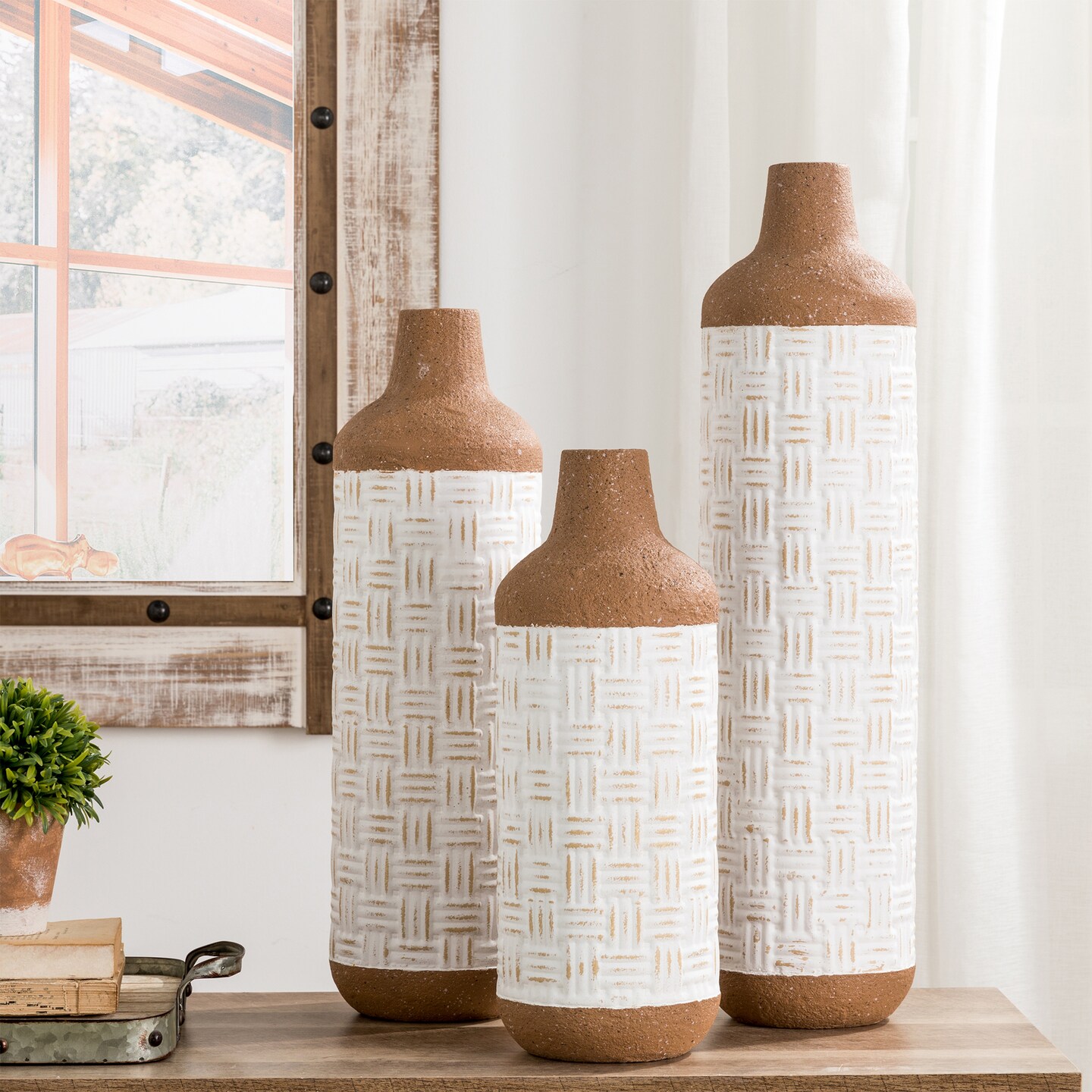 Set of 3 Boho Farmhouse Decorative Table/Floor Metal Vases