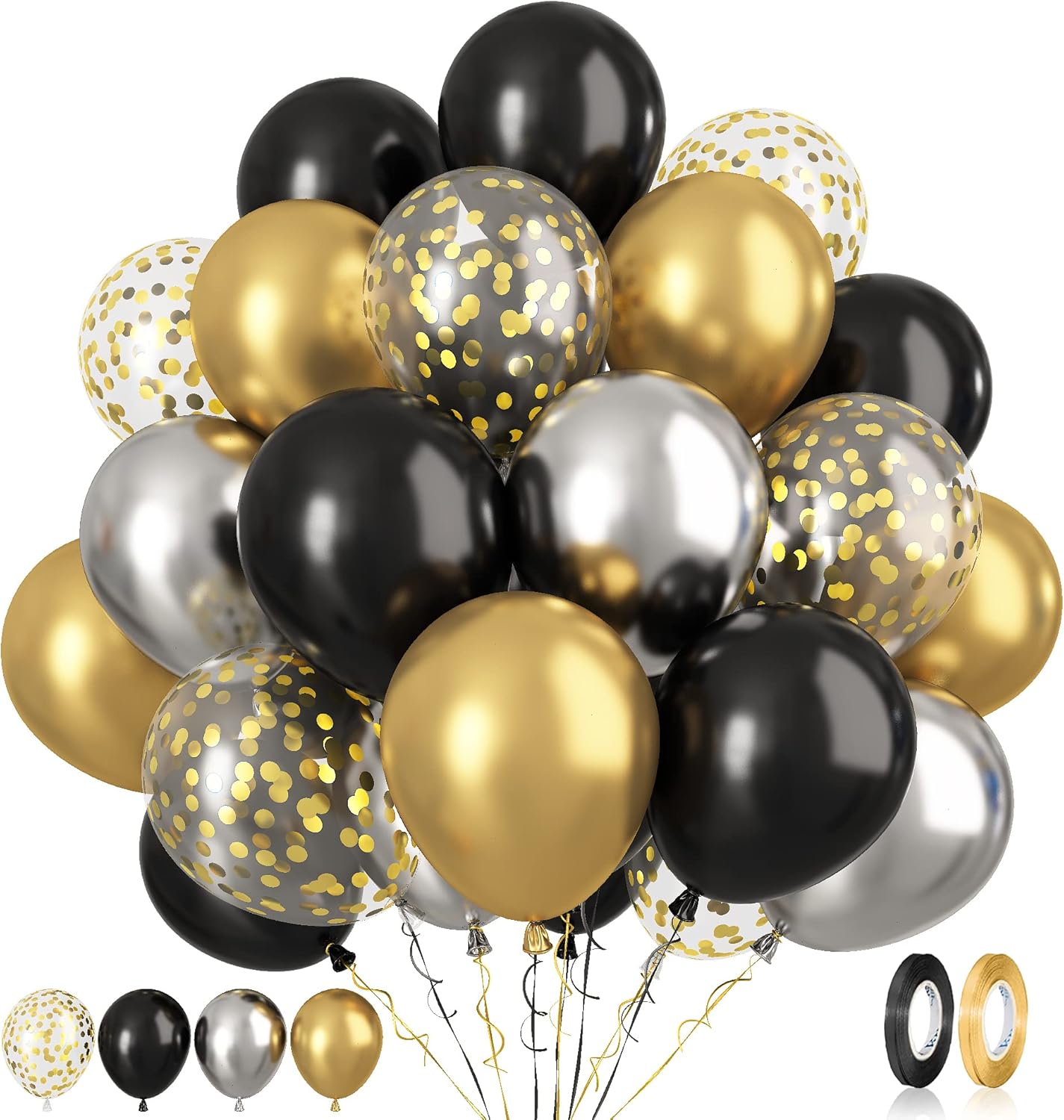 Black and Gold Balloons Latex Balloons, 60 Pcs 12 Inch Silver Gold Confetti Balloons with Ribbons for Birthday Graduation Black Gold Party Wedding Engagement Anniversary Festival Decoration