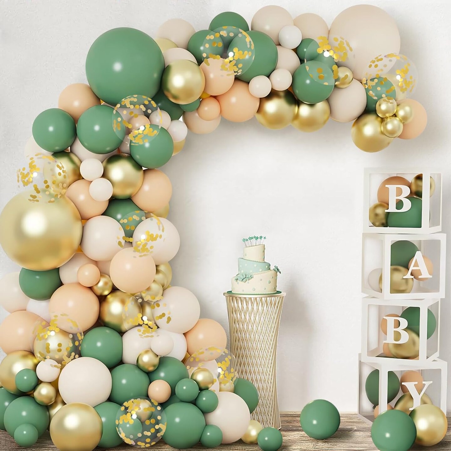 Sage Green Baby Shower Decorations for Boy or Girl - 136pcs Baby Shower Decor, Baby Shower Balloon Boxes with Green Gold Balloon Arch Garland Kit